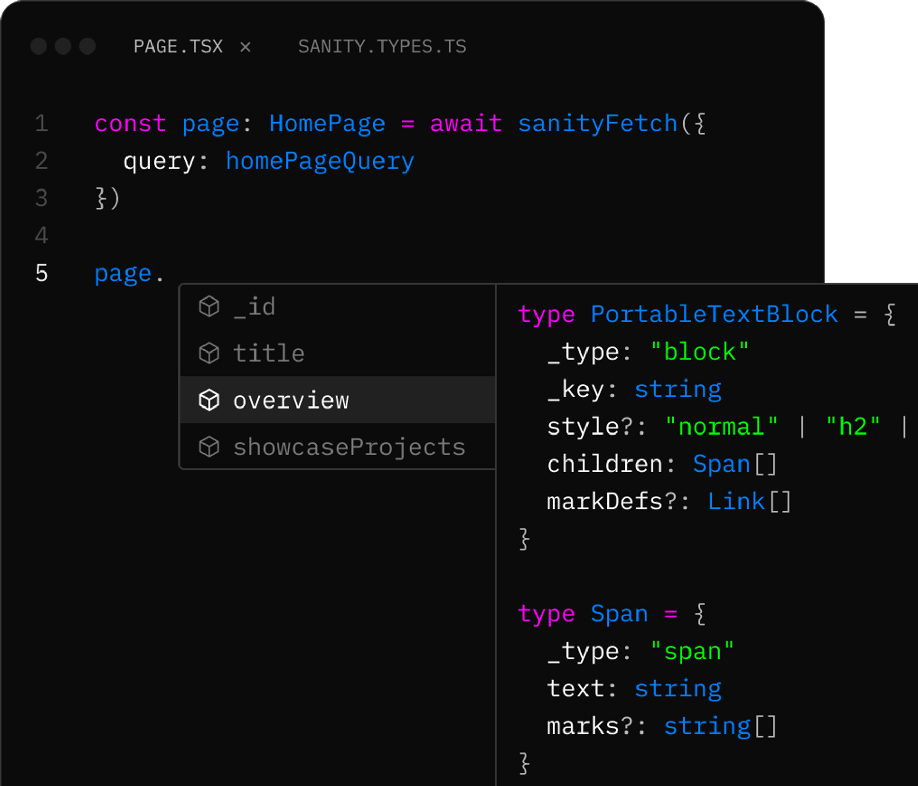 A code editor displaying TypeScript code, an autocomplete menu suggesting 'overview' for 'page.', and a type definition tooltip for 'PortableTextBlock'.