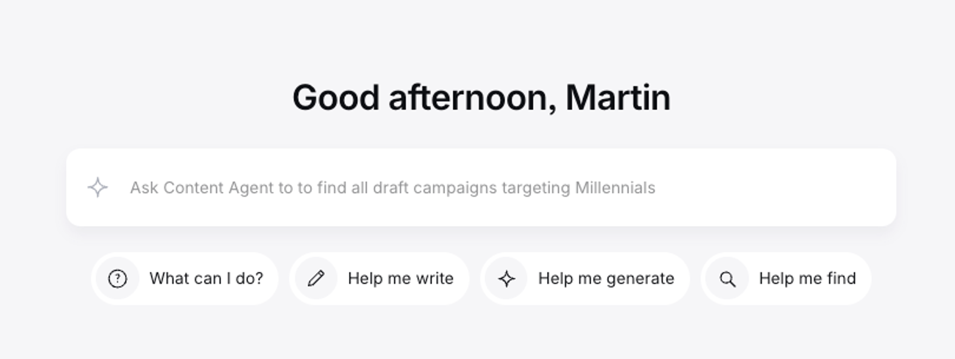 AI assistant interface with a search prompt to find marketing campaigns targeting Millennials.