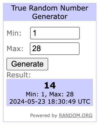 Winner by random number generator is 14