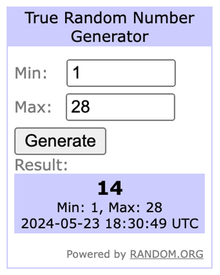 Winner by random number generator is 14