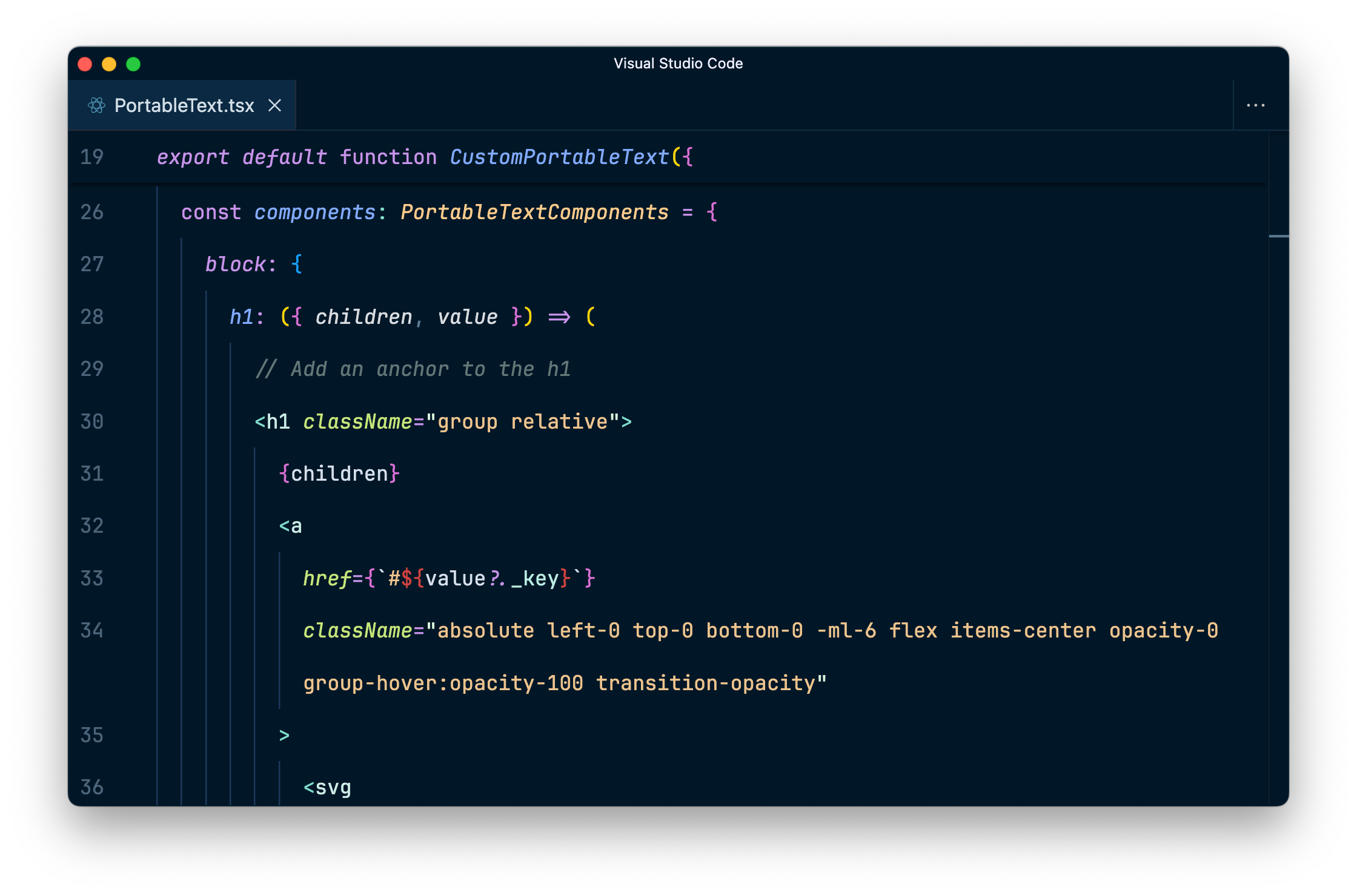 Code showing configuration of Portable Text