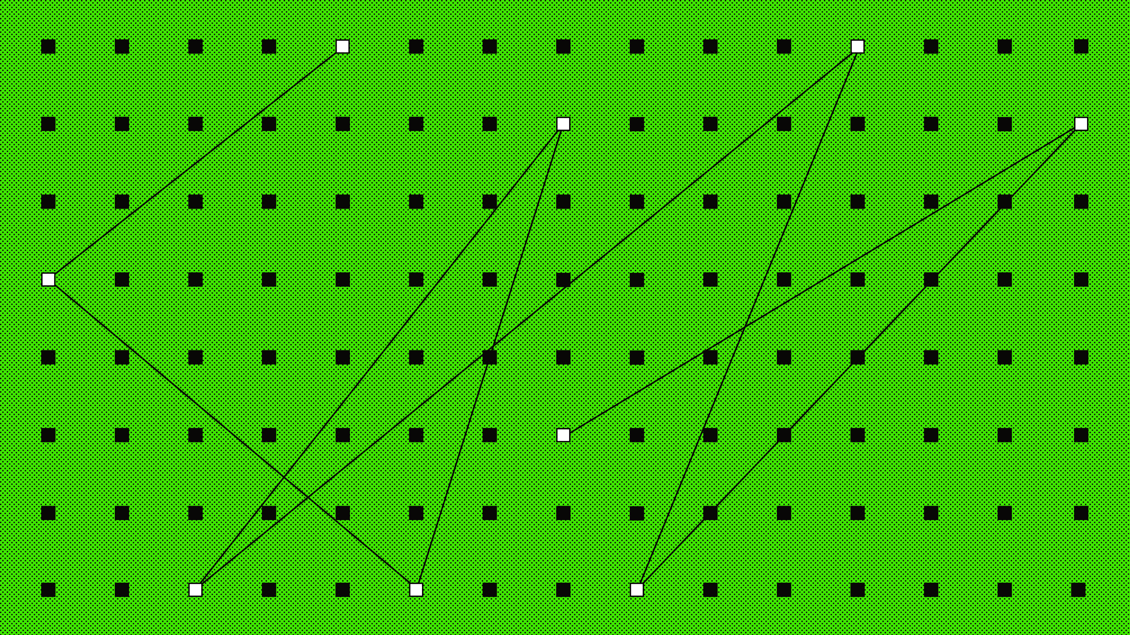 A grid of black squares on a green background, with nine white squares connected by black lines.