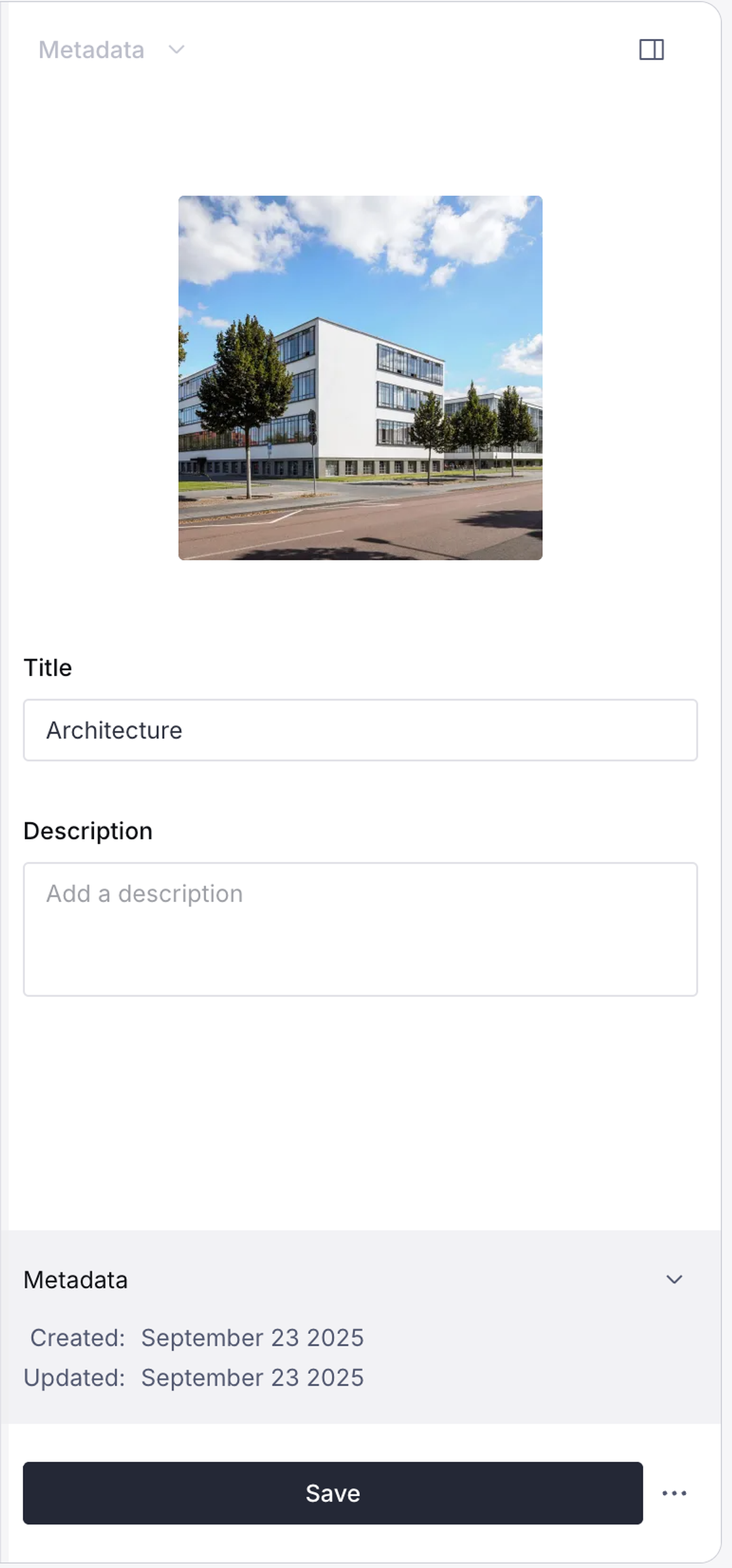 An editing panel showing an image preview of a modern building, with fields for “Title” (set to “Architecture”) and “Description,” along with creation and update dates and a save button at the bottom.