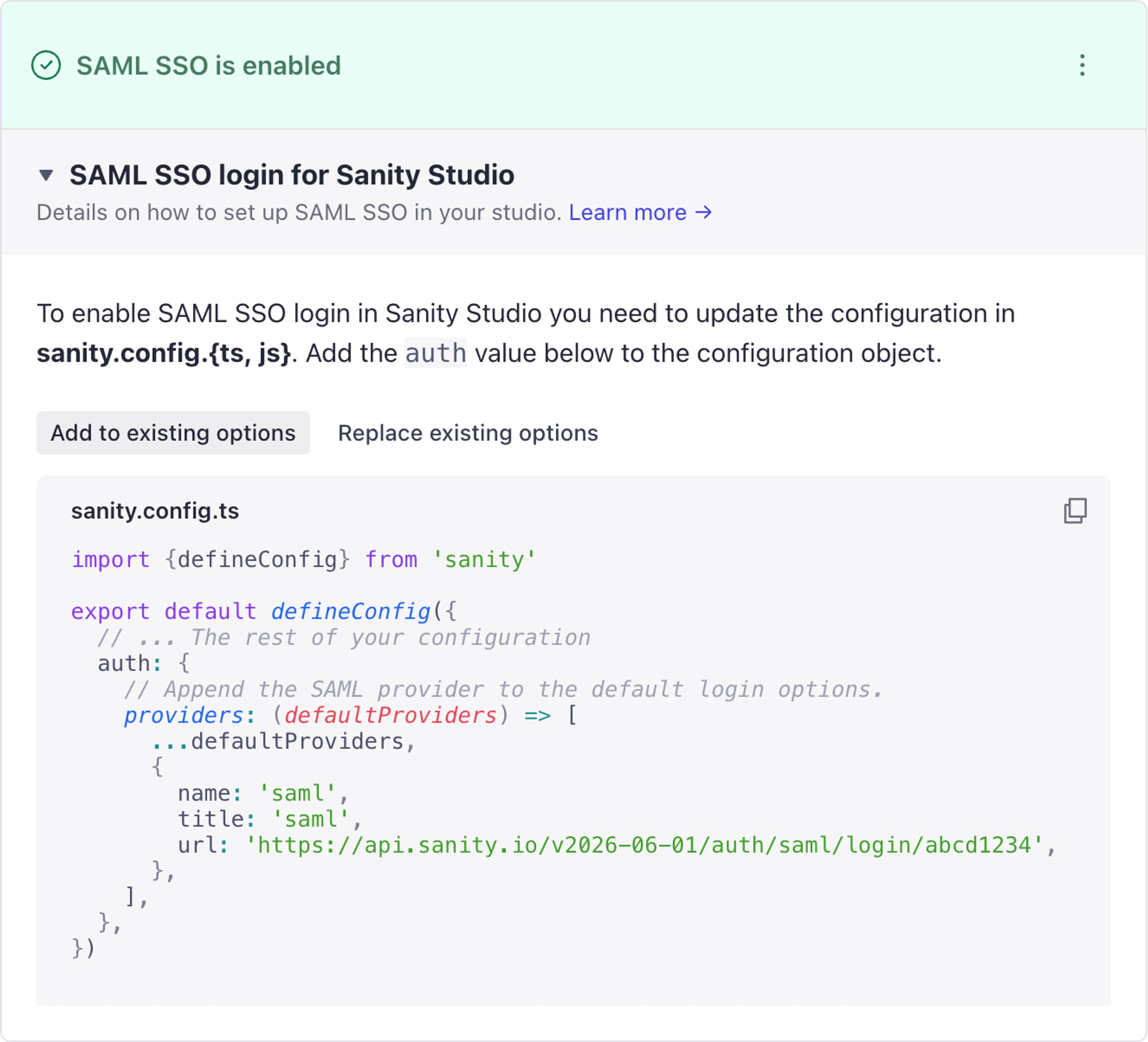 Sanity Studio SAML SSO configuration showing a code example to enable SAML login.