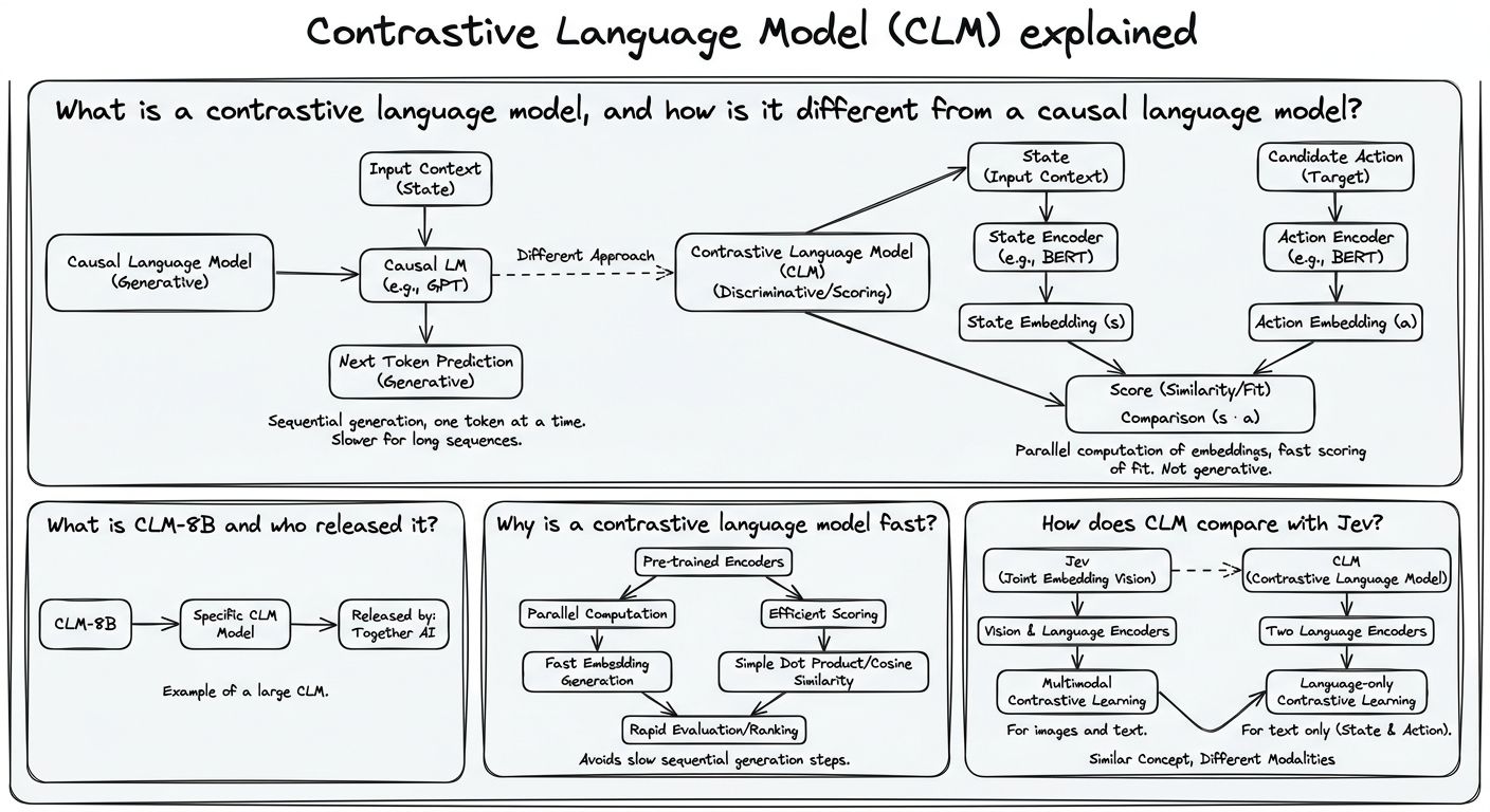 A diagram explaining Contrastive Language Model (CLM) in terms of related concepts.