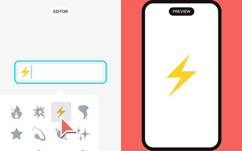 Split view of an editor adding the lightning emoji in an form on the left, and a mobile screen showing the preview of the lightning emoji on the other