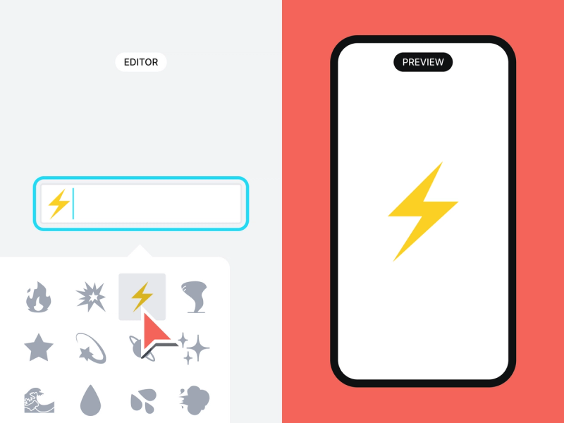 Split view of an editor adding the lightning emoji in an form on the left, and a mobile screen showing the preview of the lightning emoji on the other