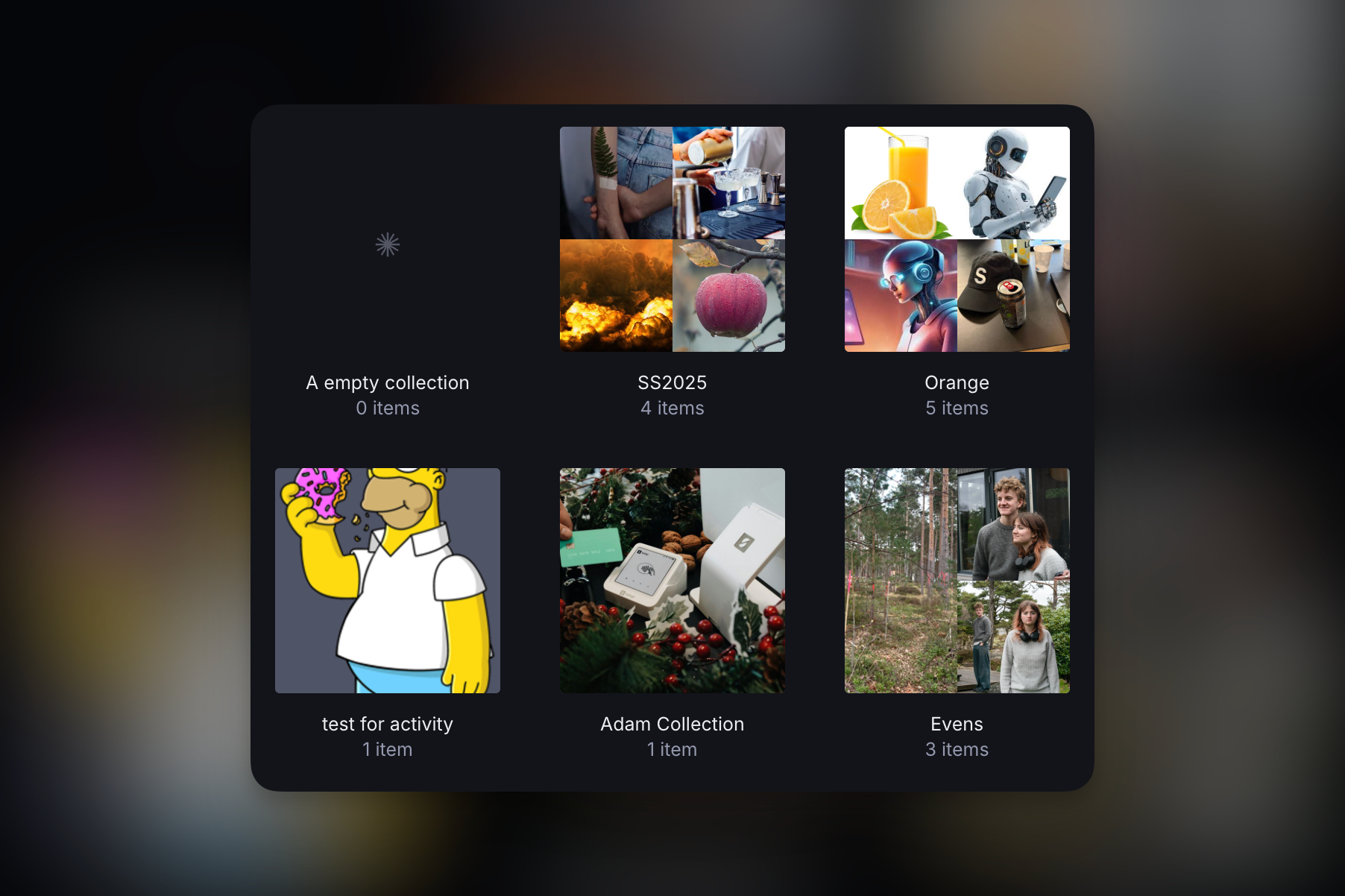 Dark mode gallery UI showing six image collections. Thumbnails include Homer Simpson eating a donut, a robot, orange juice, and diverse photos.