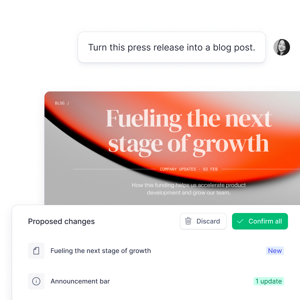 AI suggesting "Turn this press release into a blog post" above a blog article draft and content change proposals.