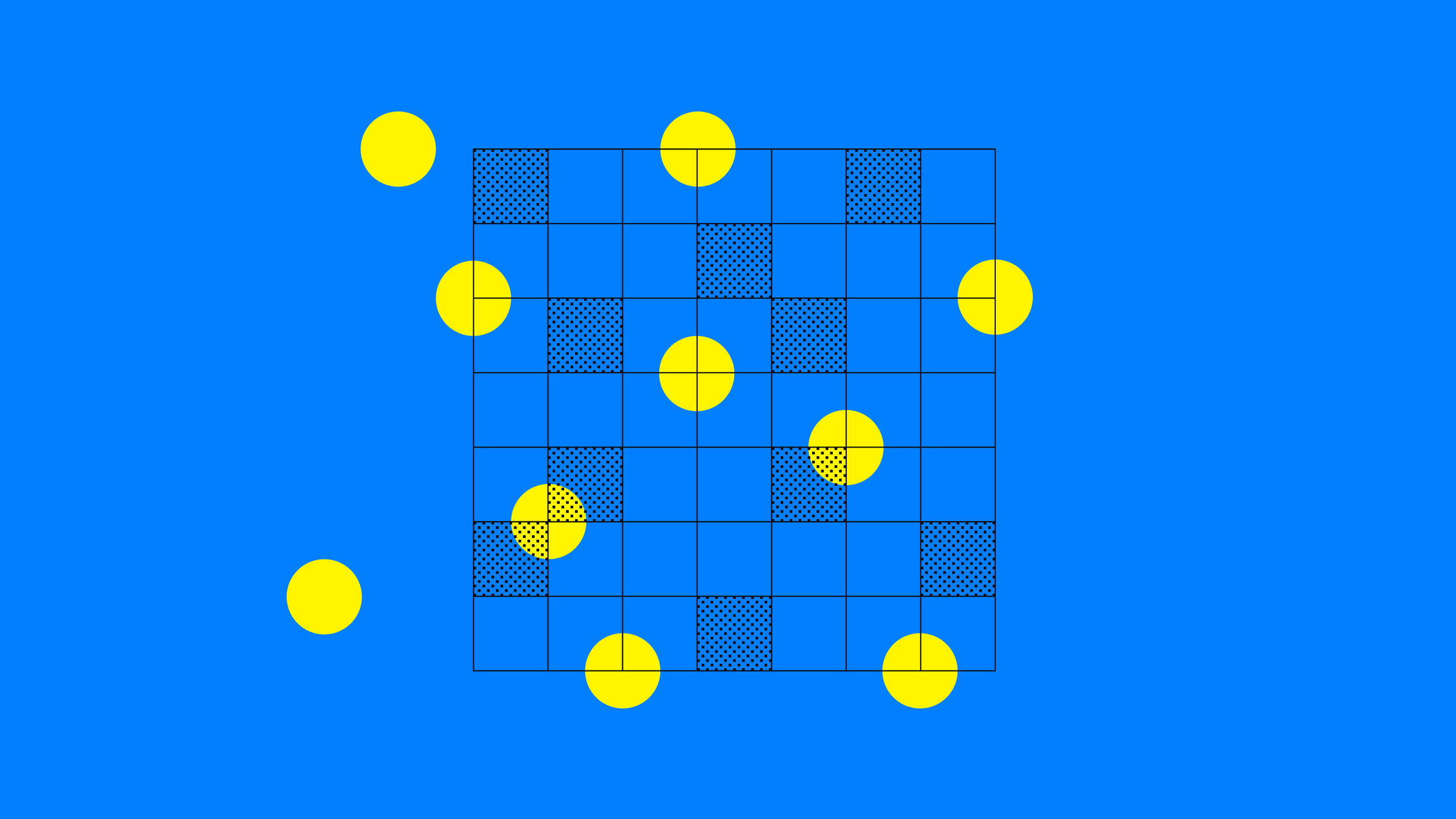 A blue background with a 6x6 grid showing a checkerboard pattern of hatched squares, partially obscured by scattered yellow circles.