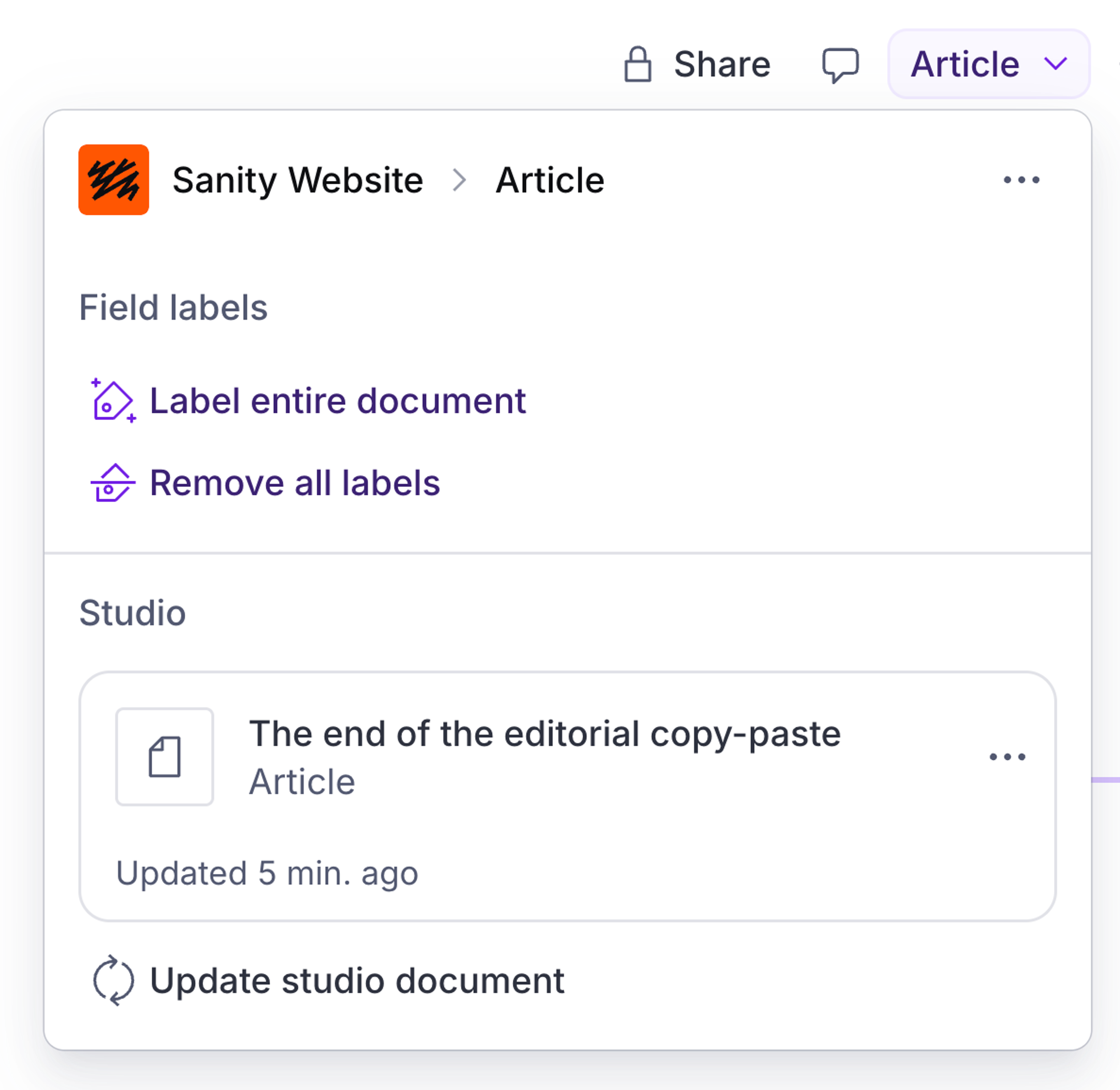 Sanity Studio article panel showing labeling options and "The end of the editorial copy-paste" article.