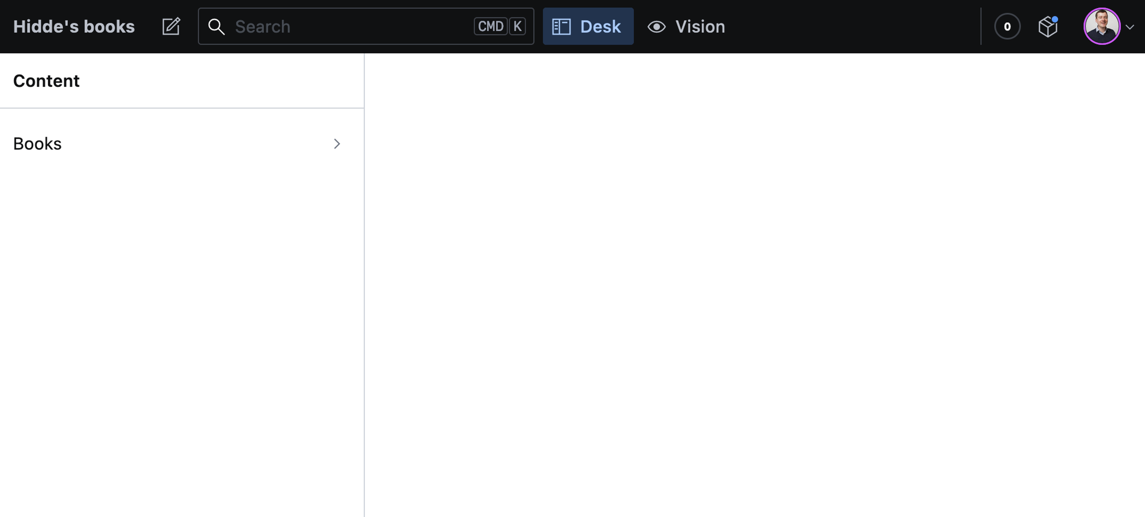 Sanity Studio titled Hidde's Books with one item under the Content column, called Books