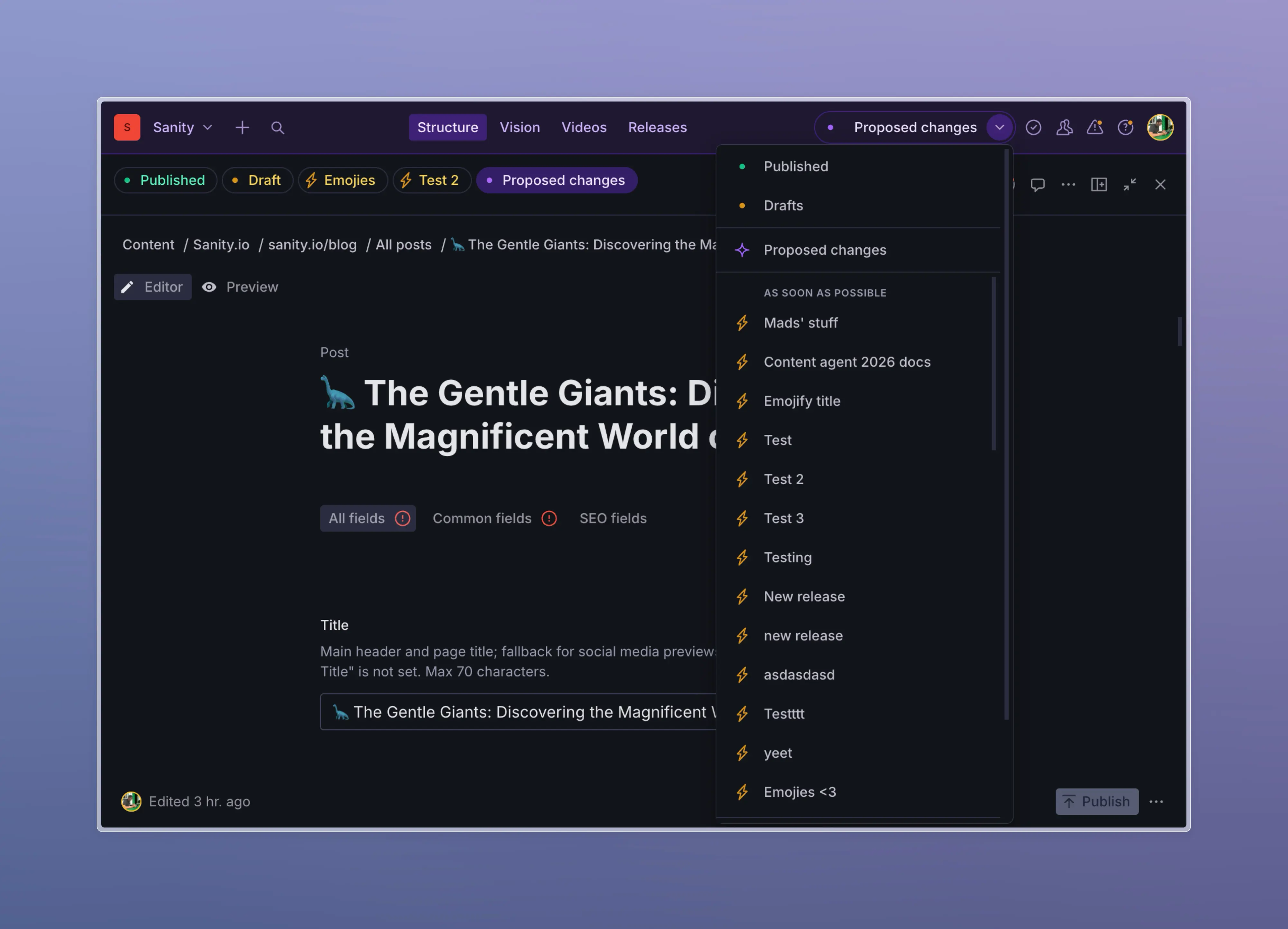 Dark mode content management system interface showing a blog post editing view and an open dropdown menu with content versions listed under 'Proposed changes'.