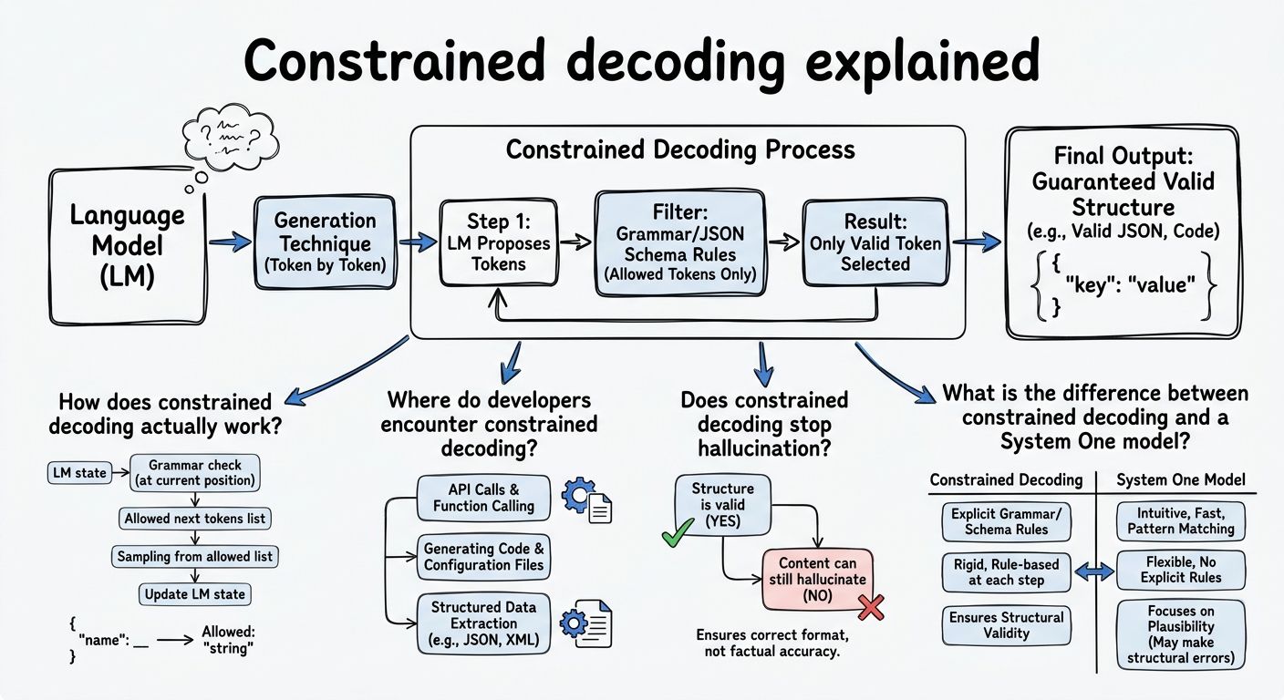 A diagram explaining Constrained decoding in terms of related concepts.