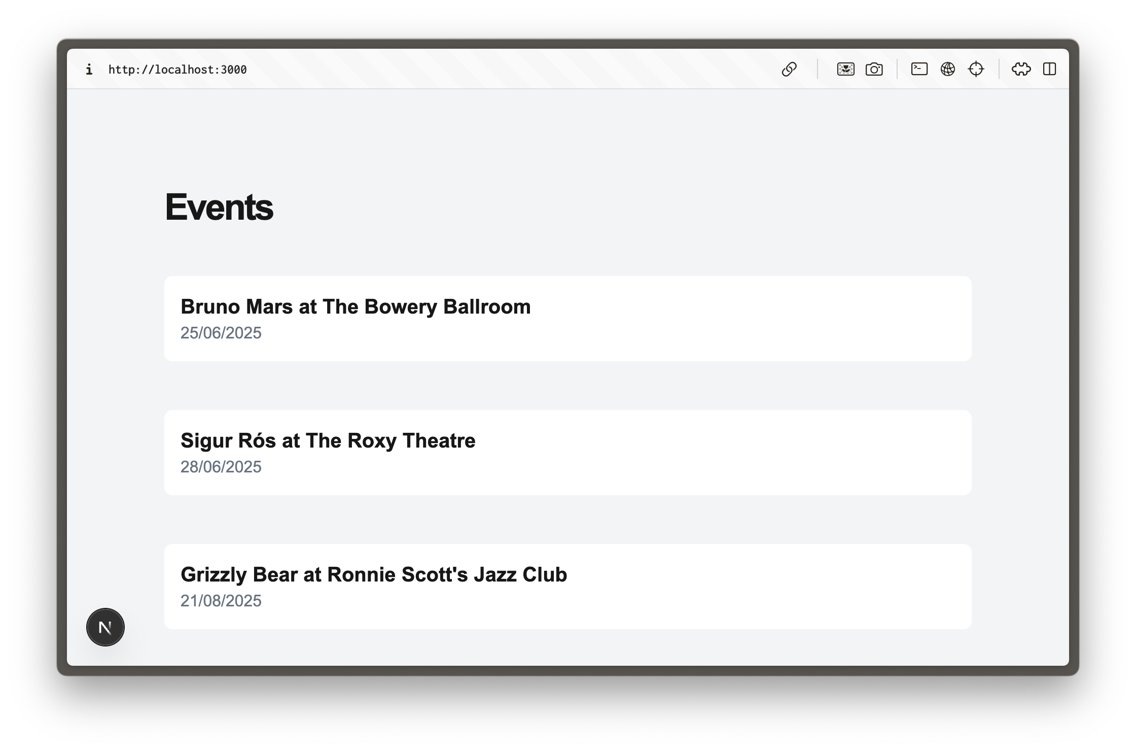 Listing of upcoming events on a web page