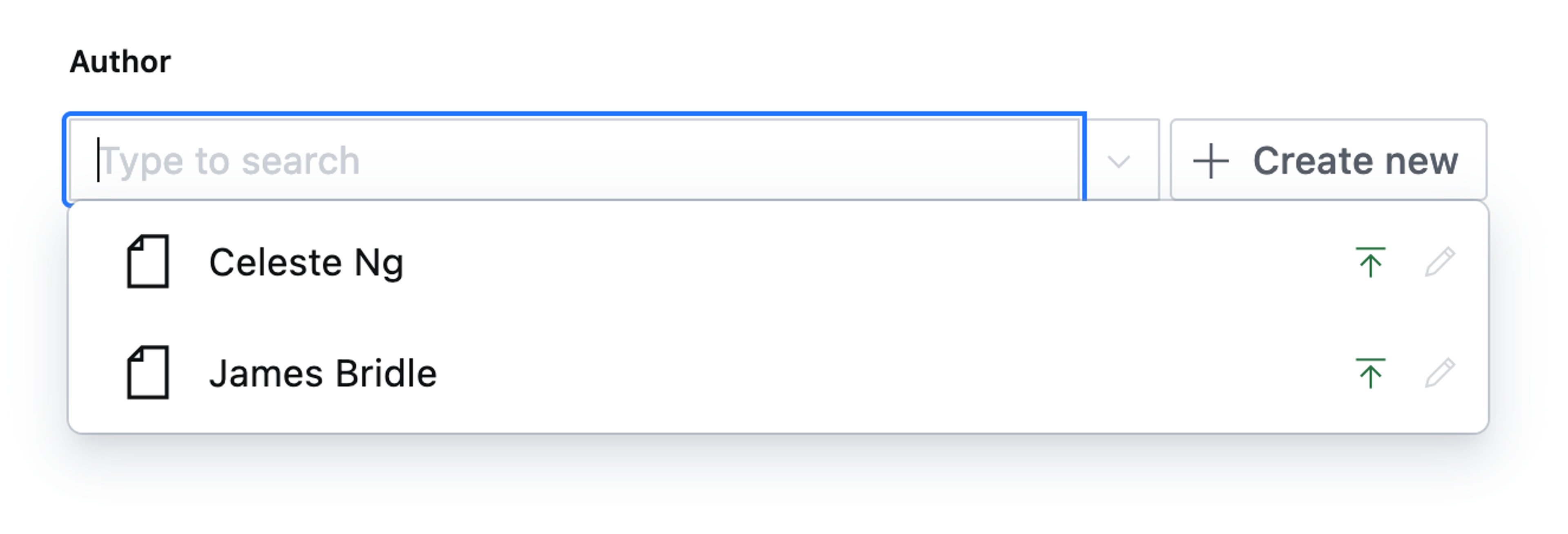 Author field with type to search, a list of suggestions is popped out, displaying two authors, next to the field is a Create new button