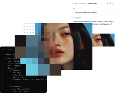 A code editor and content management interface layered over a woman's face, with a large section of her face pixelated.