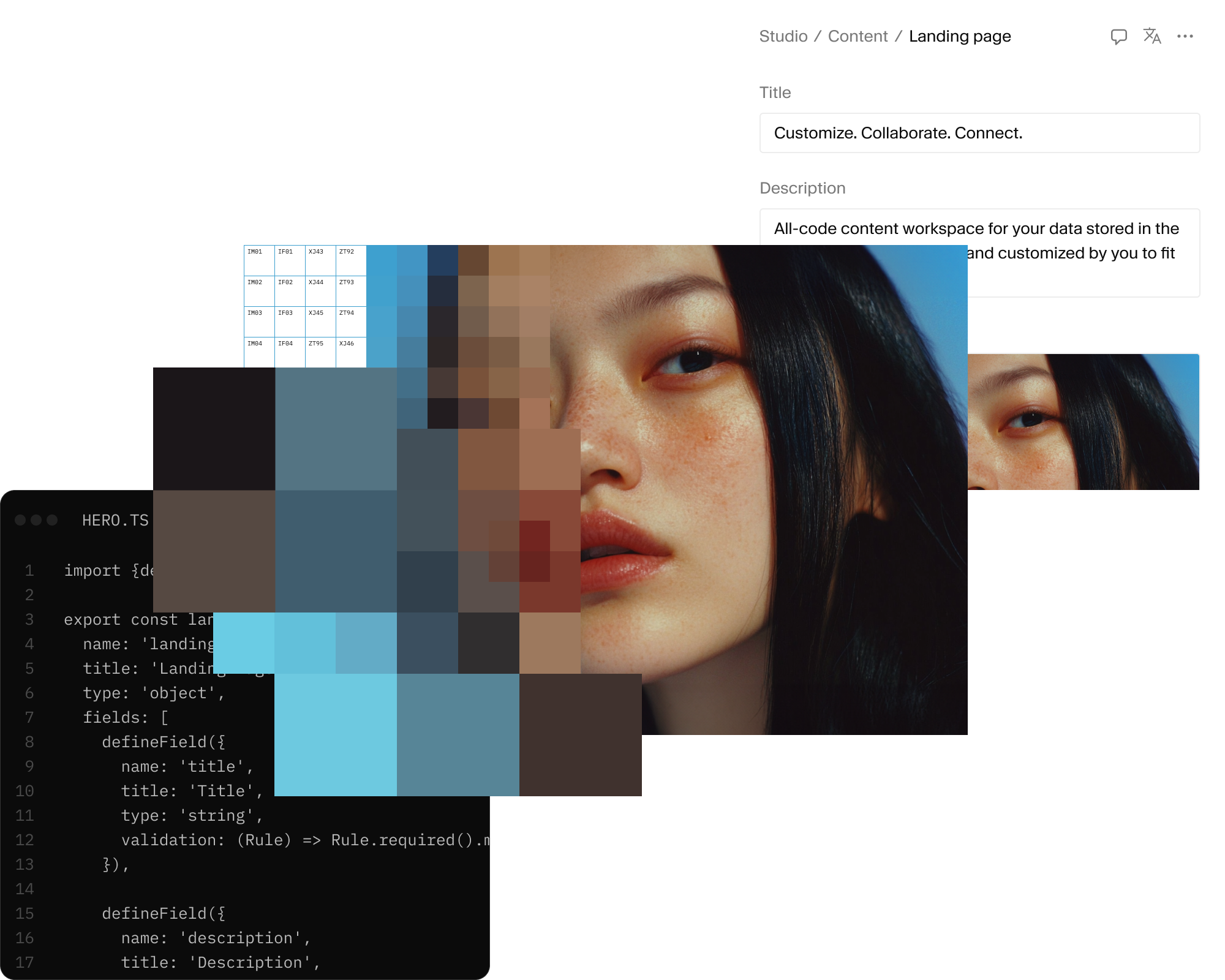 A code editor and content management interface layered over a woman's face, with a large section of her face pixelated.