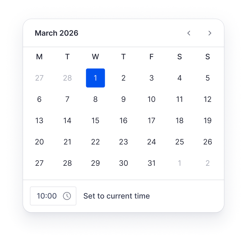 A calendar widget displaying March 2026, with the 1st of the month highlighted in blue and a time selection showing 10:00.