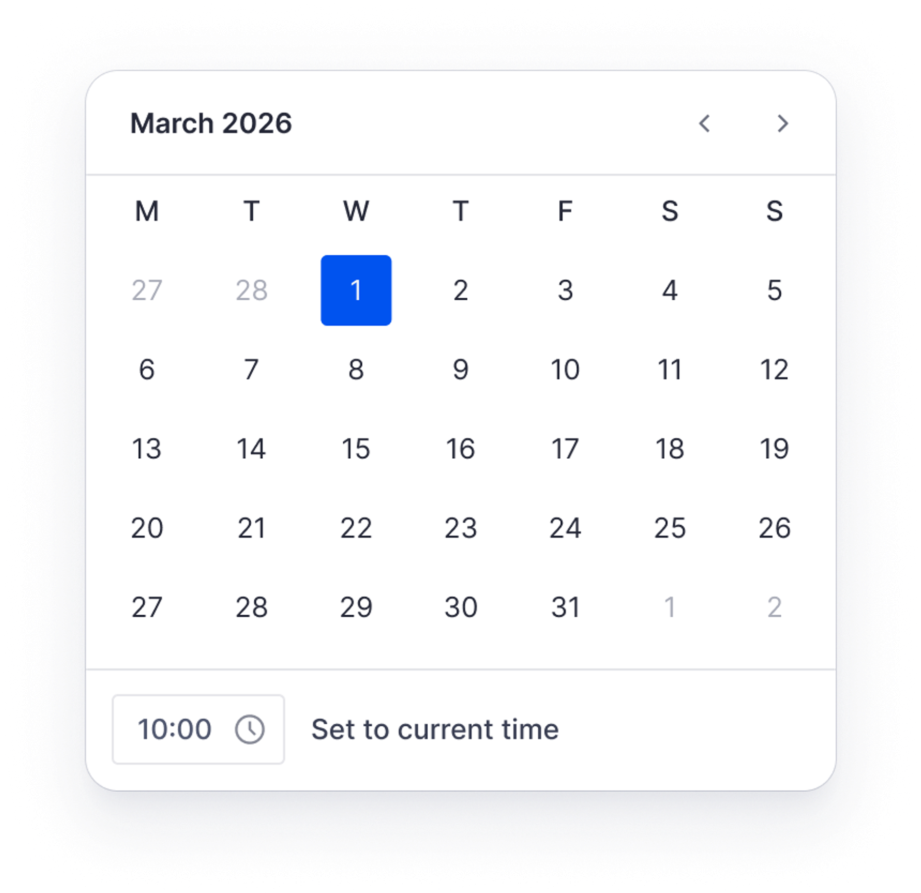 A calendar widget displaying March 2026, with the 1st of the month highlighted in blue and a time selection showing 10:00.