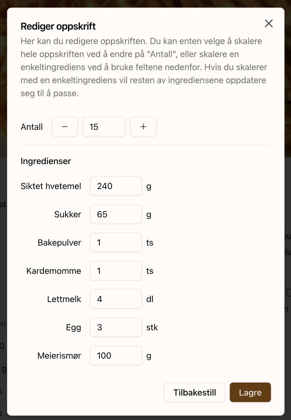 Recipe editing modal with adjustable quantity and editable ingredient fields, including weight and measurement units, and options to reset or save changes.