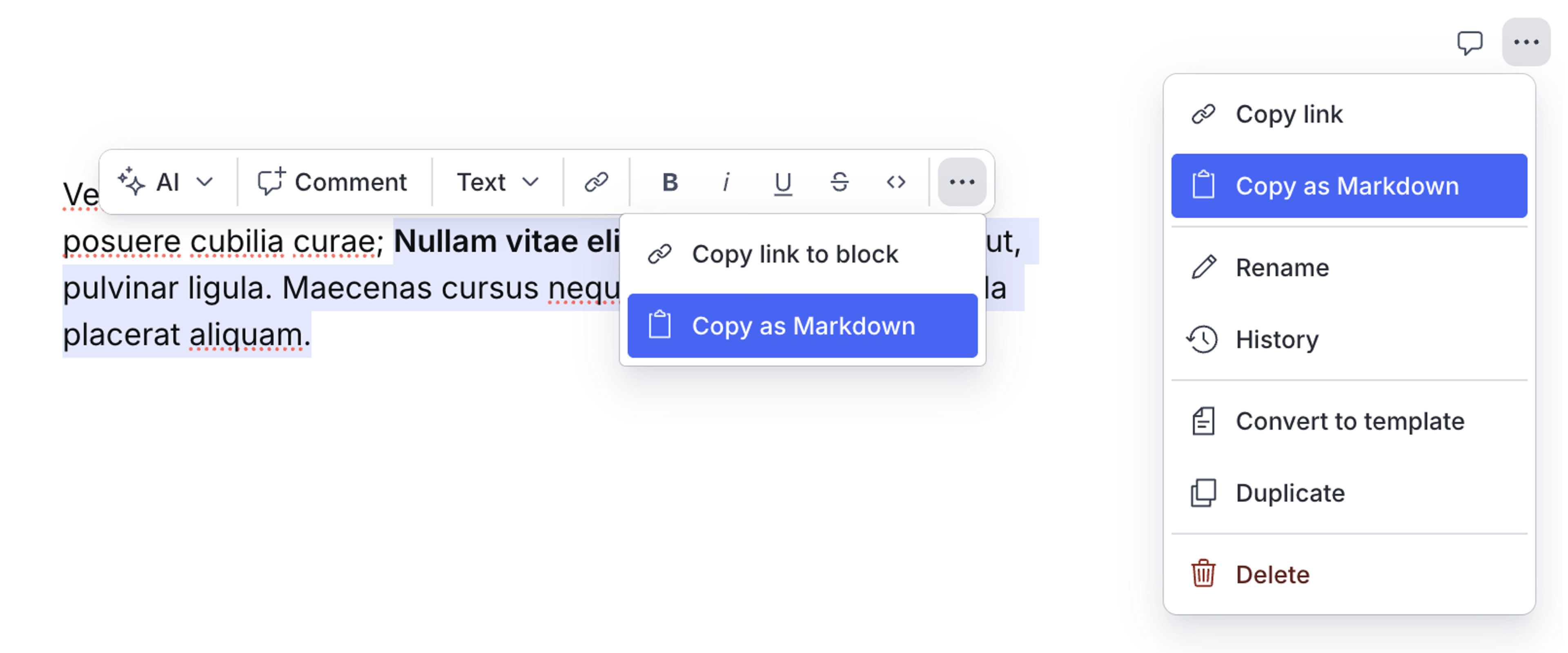 Examples of where to access the "Copy as Markdown" button in selected text and at the document level
