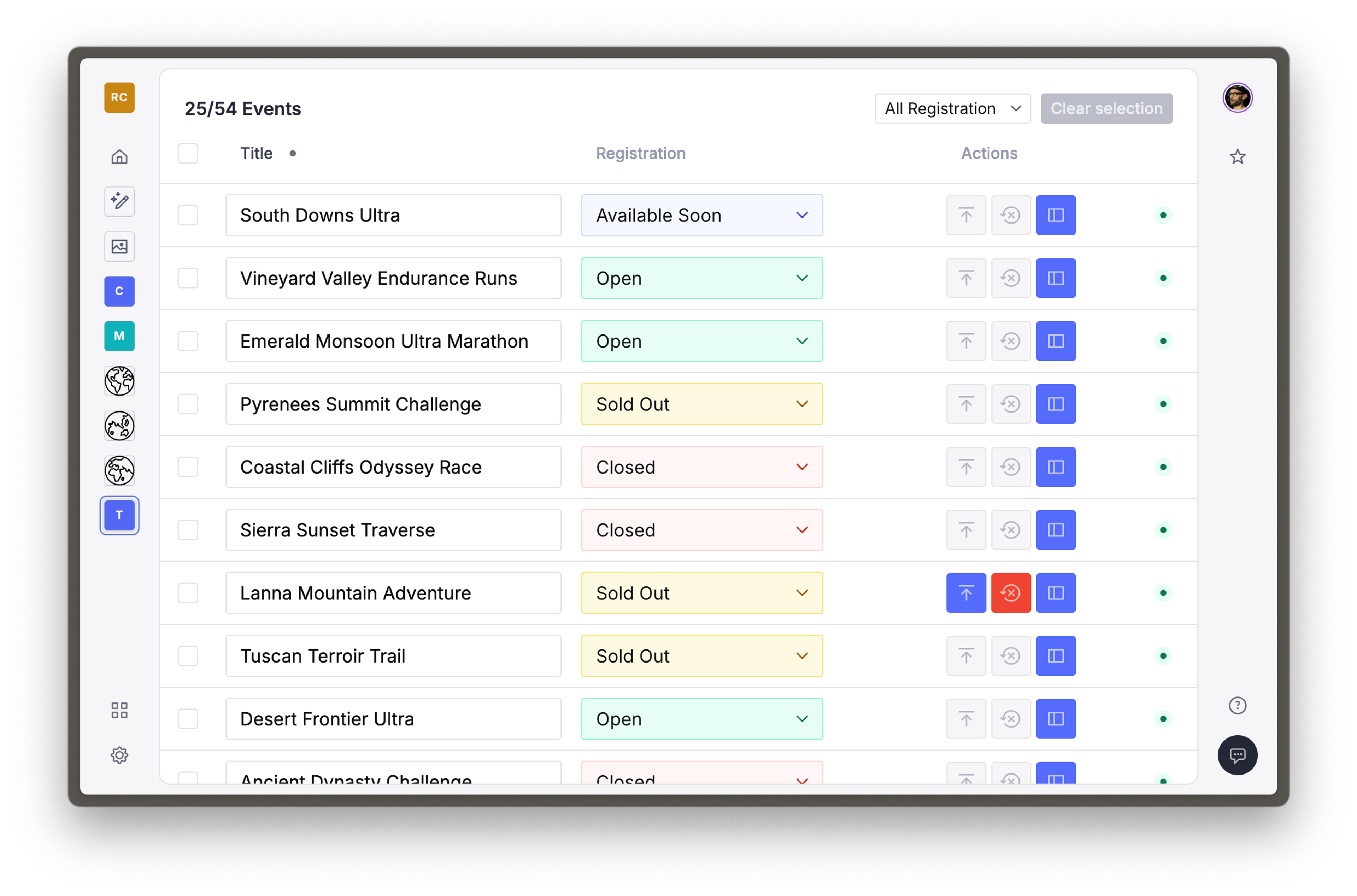 Table view of events in an editable CMS