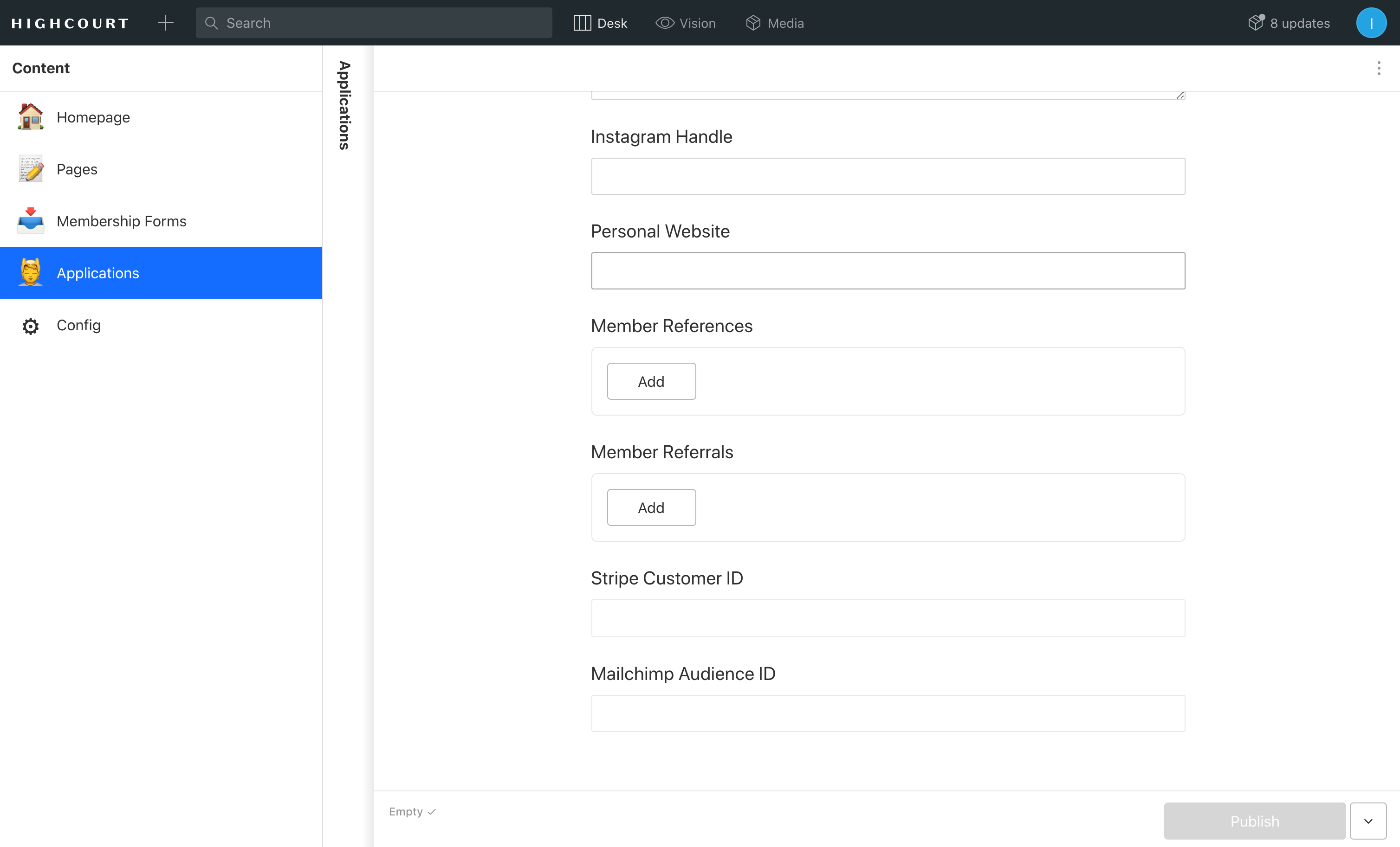 Studio view for the CRM section of Highcourt