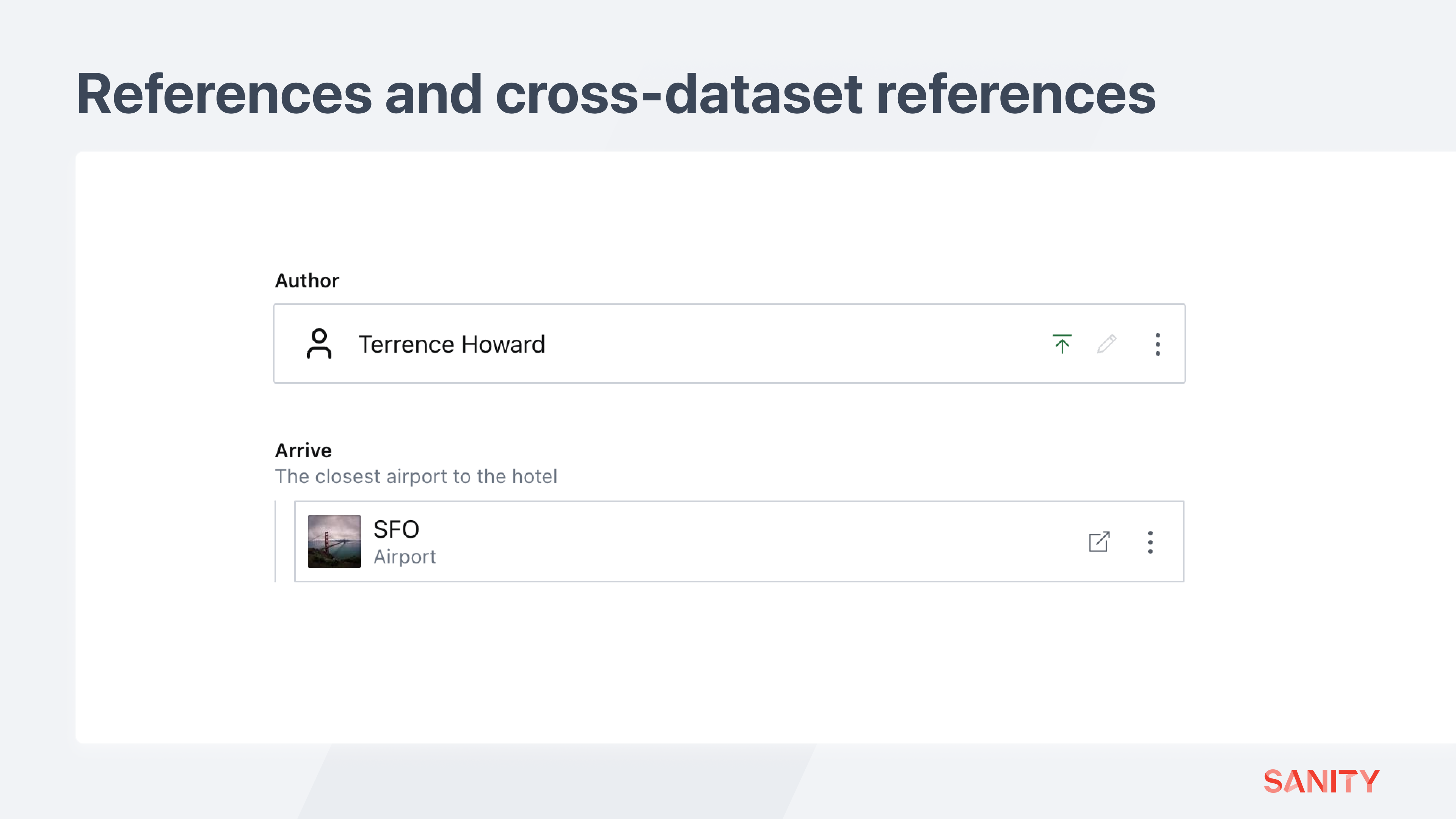 The top reference field targets a document in the same dataset. The bottom is a cross-dataset reference that exists in the global dataset.