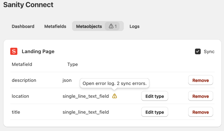 Sanity Connect dashboard with alert for sync errors