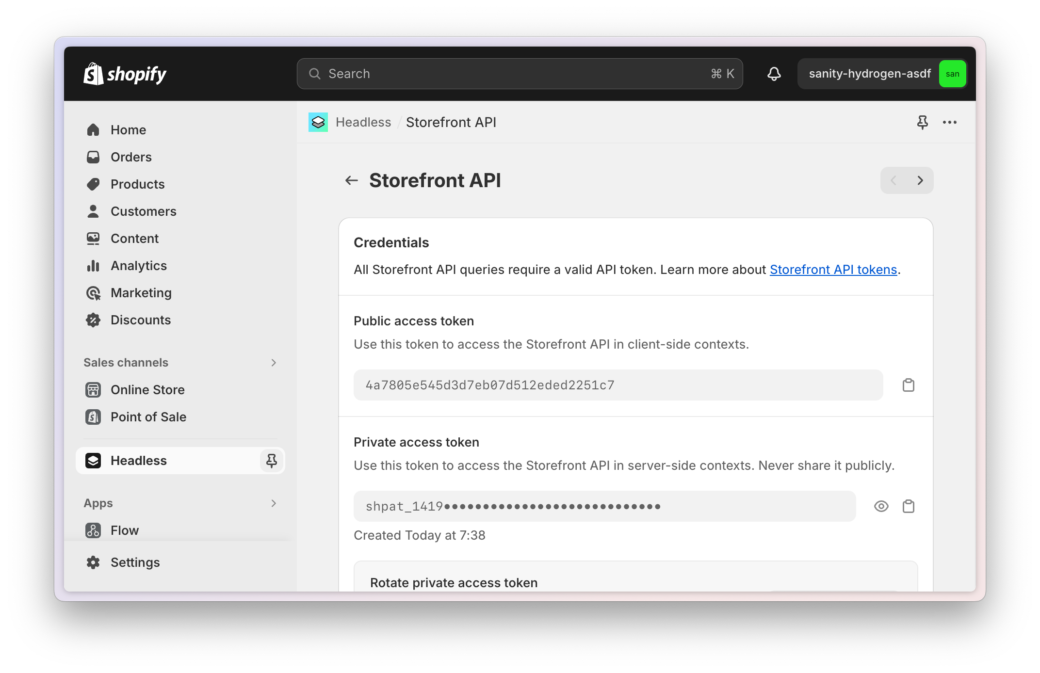 Shopify admin showing access tokens