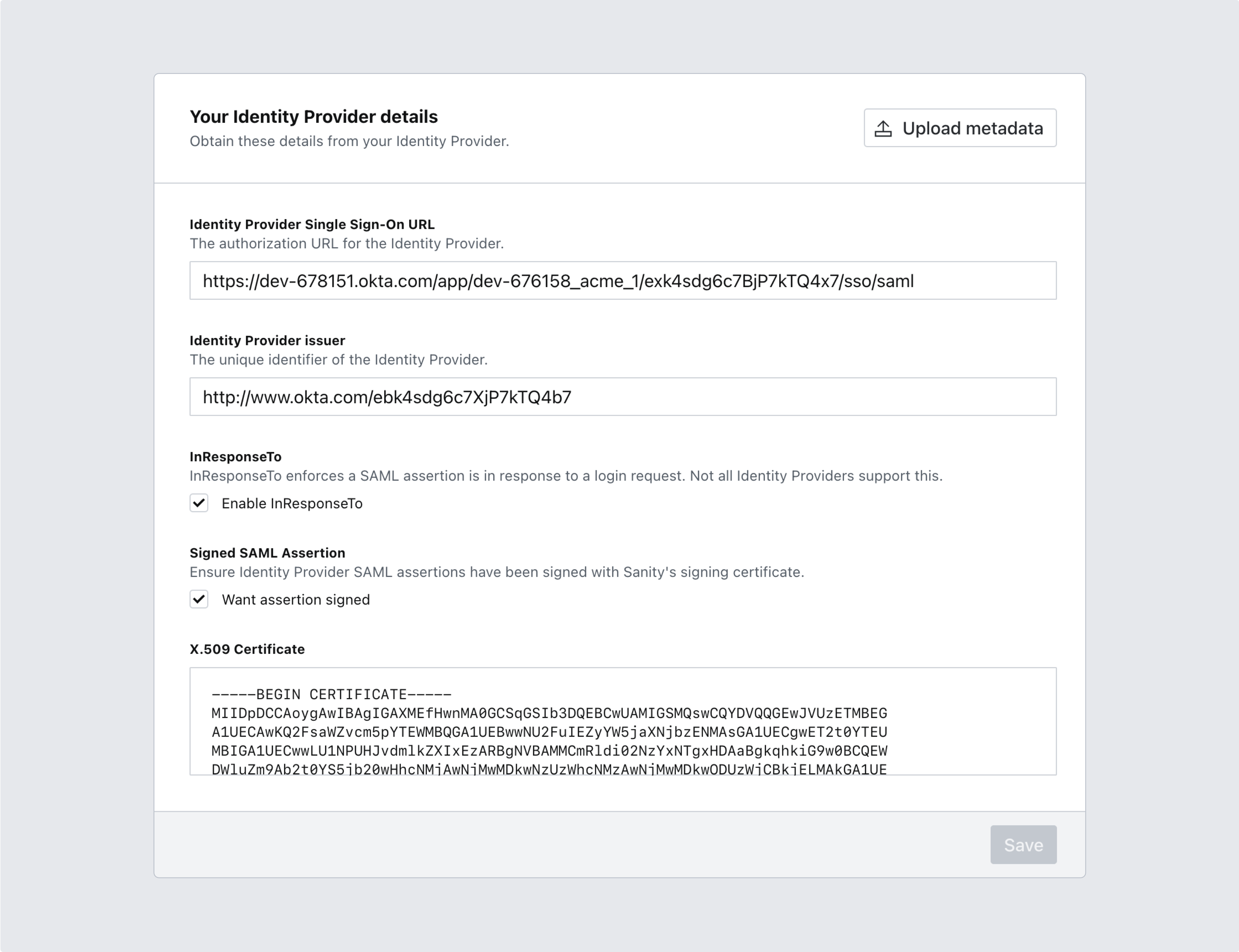 The “Your Identity Provider details” form in Sanity Manage, with fields for the identity provider’s SAML settings and an “Upload metadata” button.