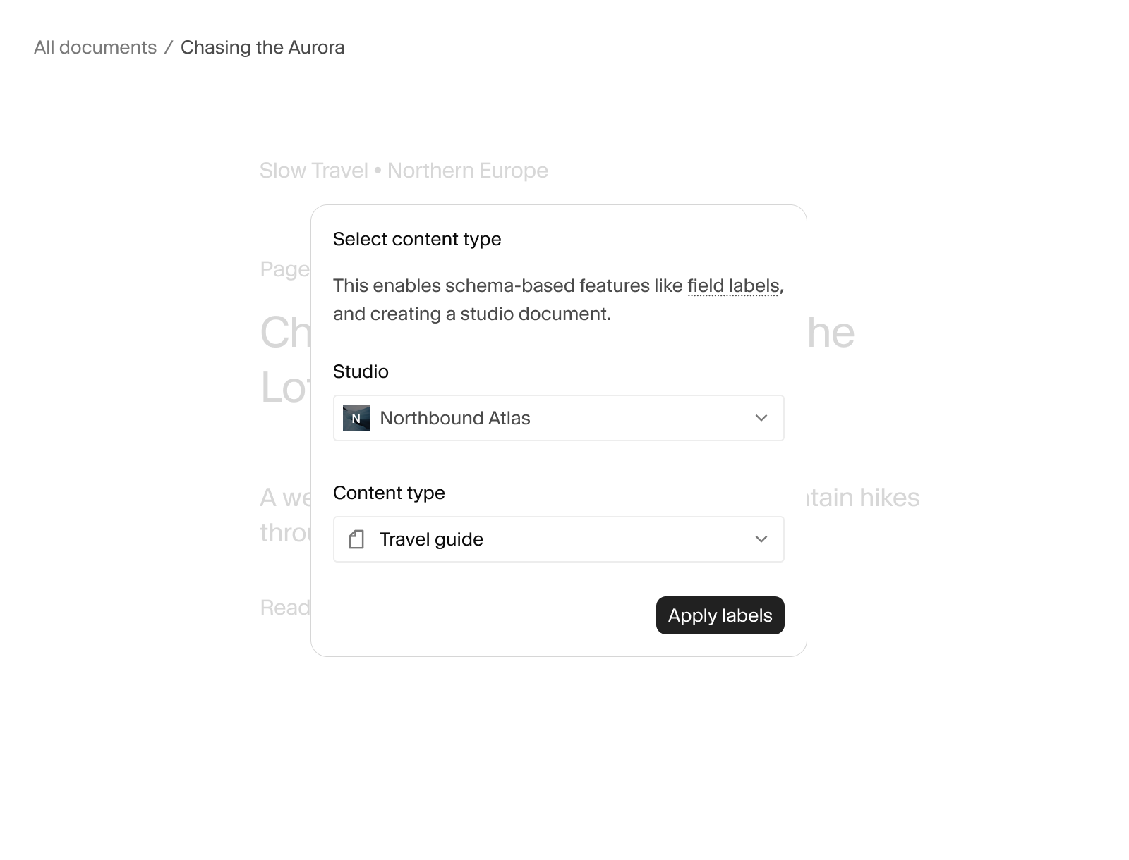 A dialog box titled "Select content type" showing "Northbound Atlas" as the selected studio and "Travel guide" as the selected content type.