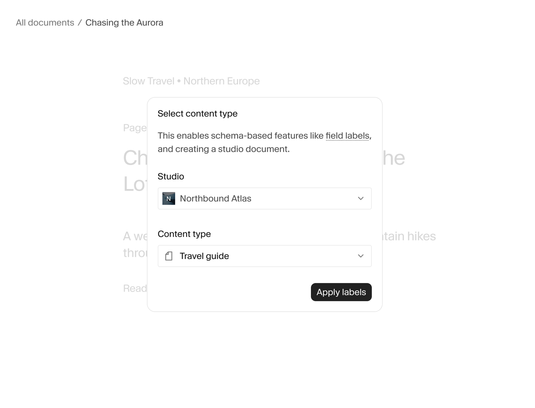A dialog box titled "Select content type" showing "Northbound Atlas" as the selected studio and "Travel guide" as the selected content type.