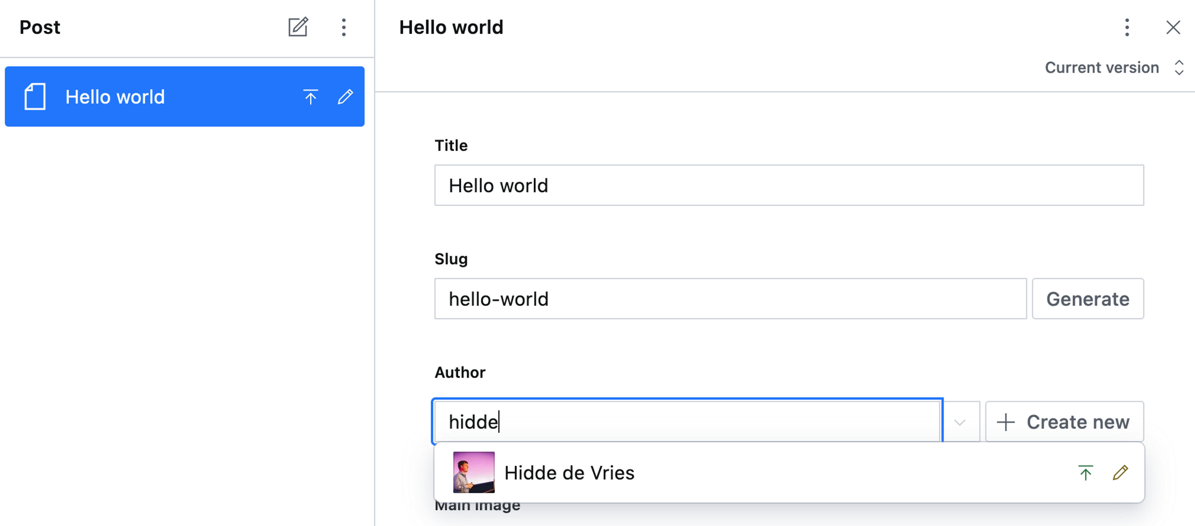 The author reference field input with an author selected