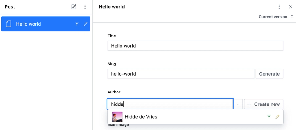 The author reference field input with an author selected