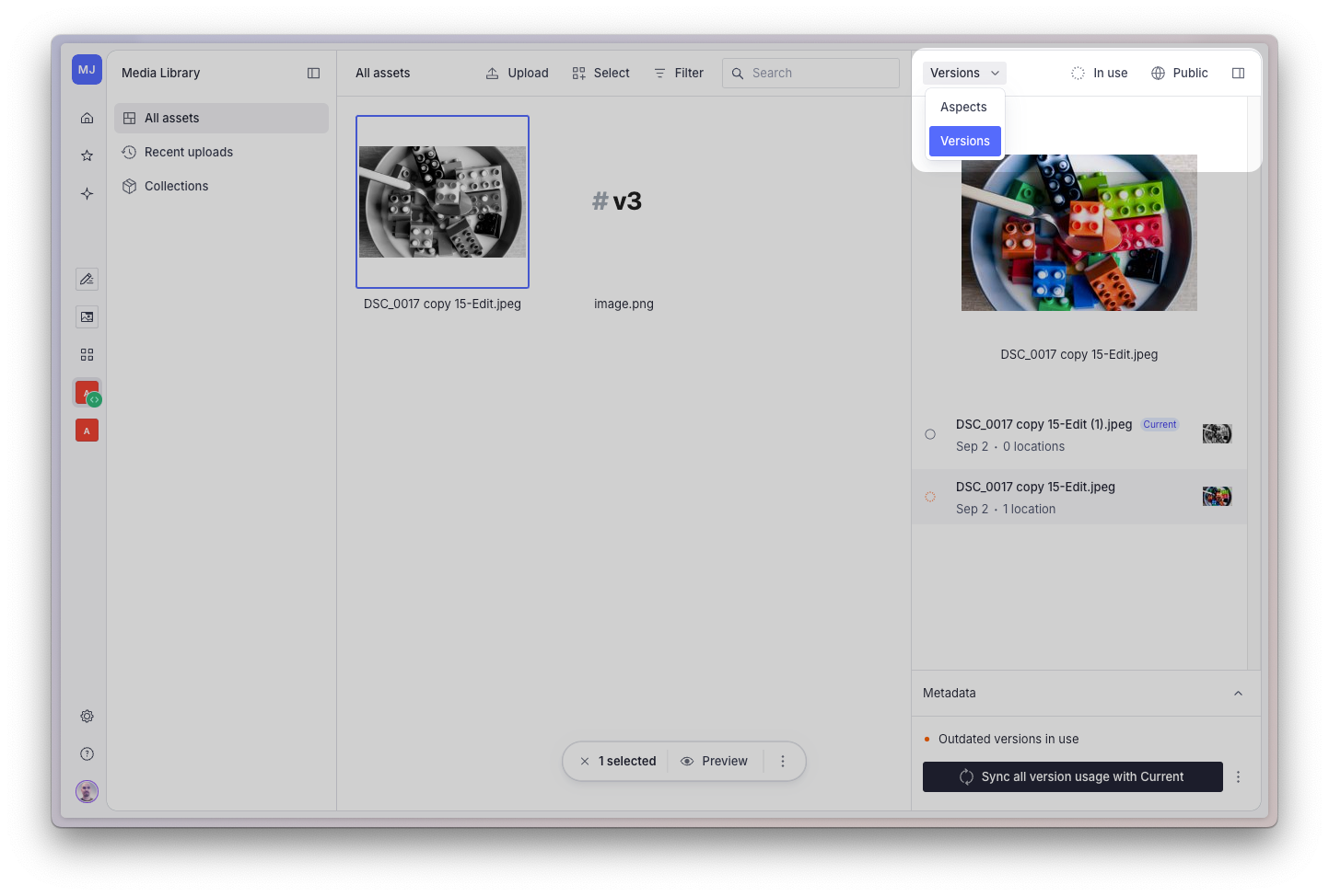 Shows Sanity Media Library with the versions inspector open and the menu option highlighted