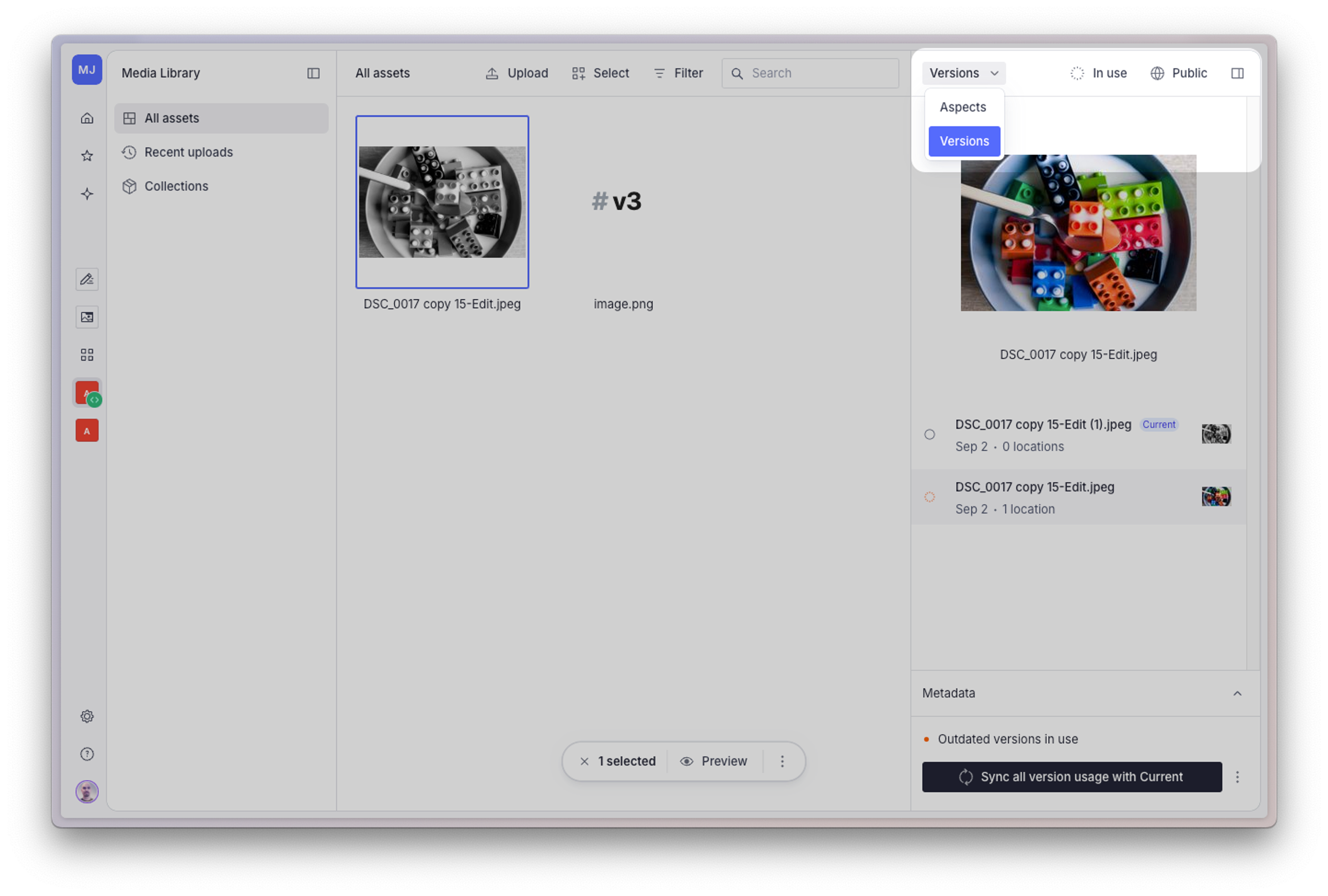 Shows Sanity Media Library with the versions inspector open and the menu option highlighted