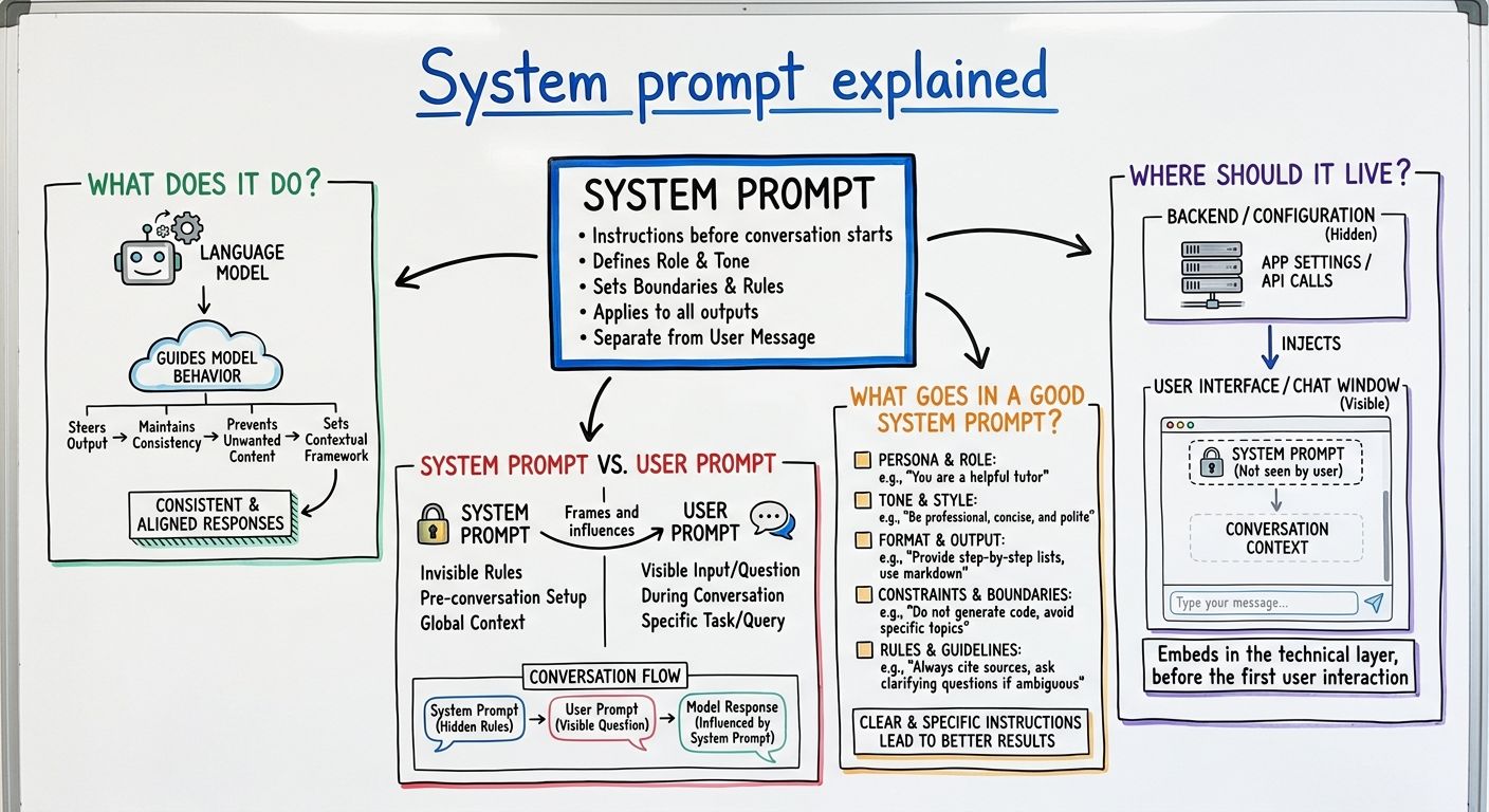 A diagram explaining System prompt in terms of related concepts.