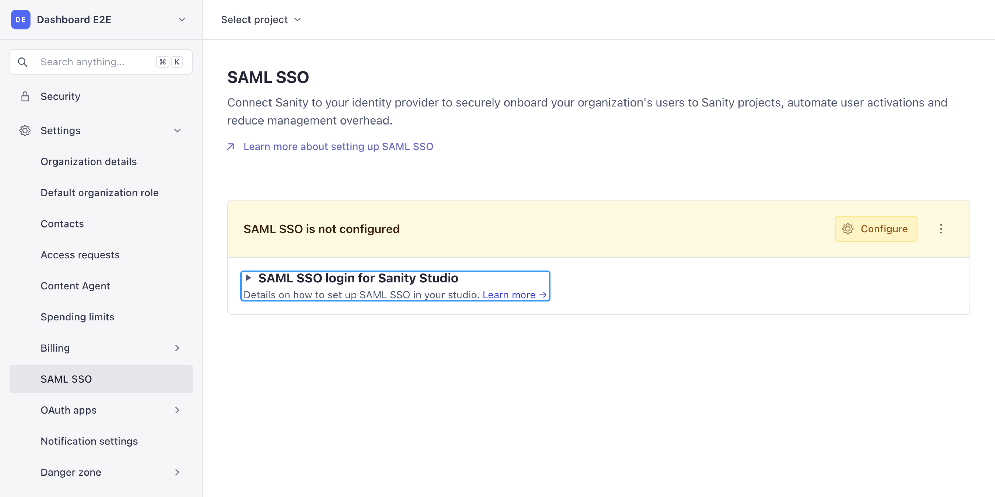 The SAML SSO page in Sanity Manage, with Settings › SAML SSO selected in the sidebar and the SAML SSO login for Sanity Studio section highlighted.