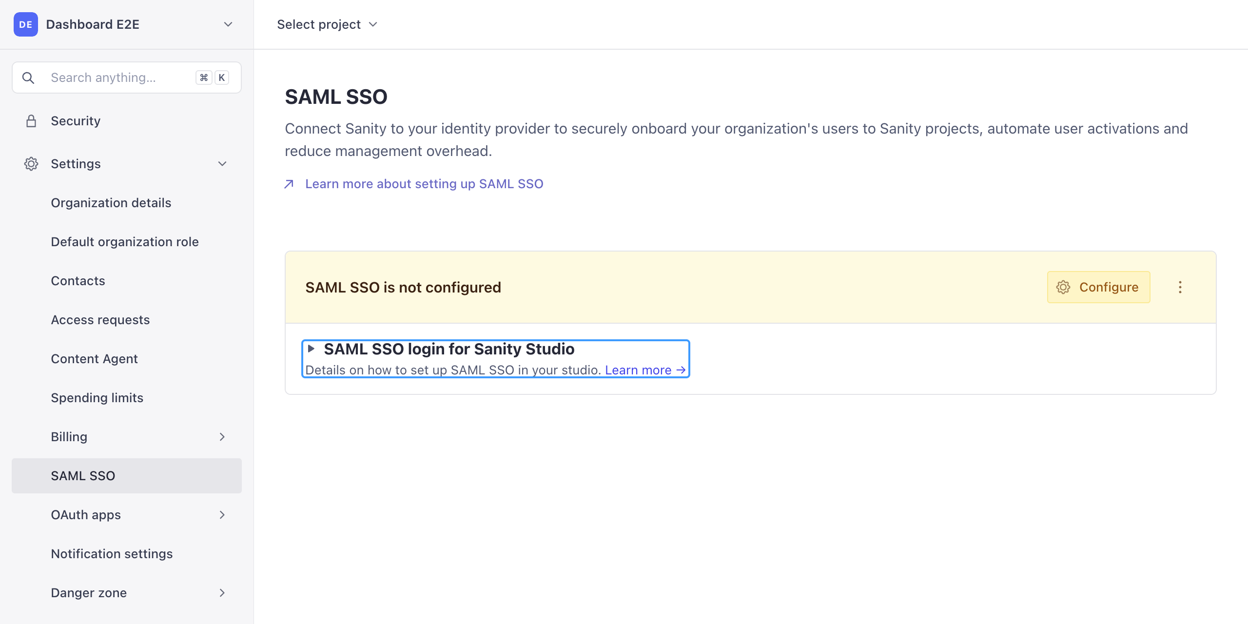 The SAML SSO page in Sanity Manage, with Settings › SAML SSO selected in the sidebar and the SAML SSO login for Sanity Studio section highlighted.