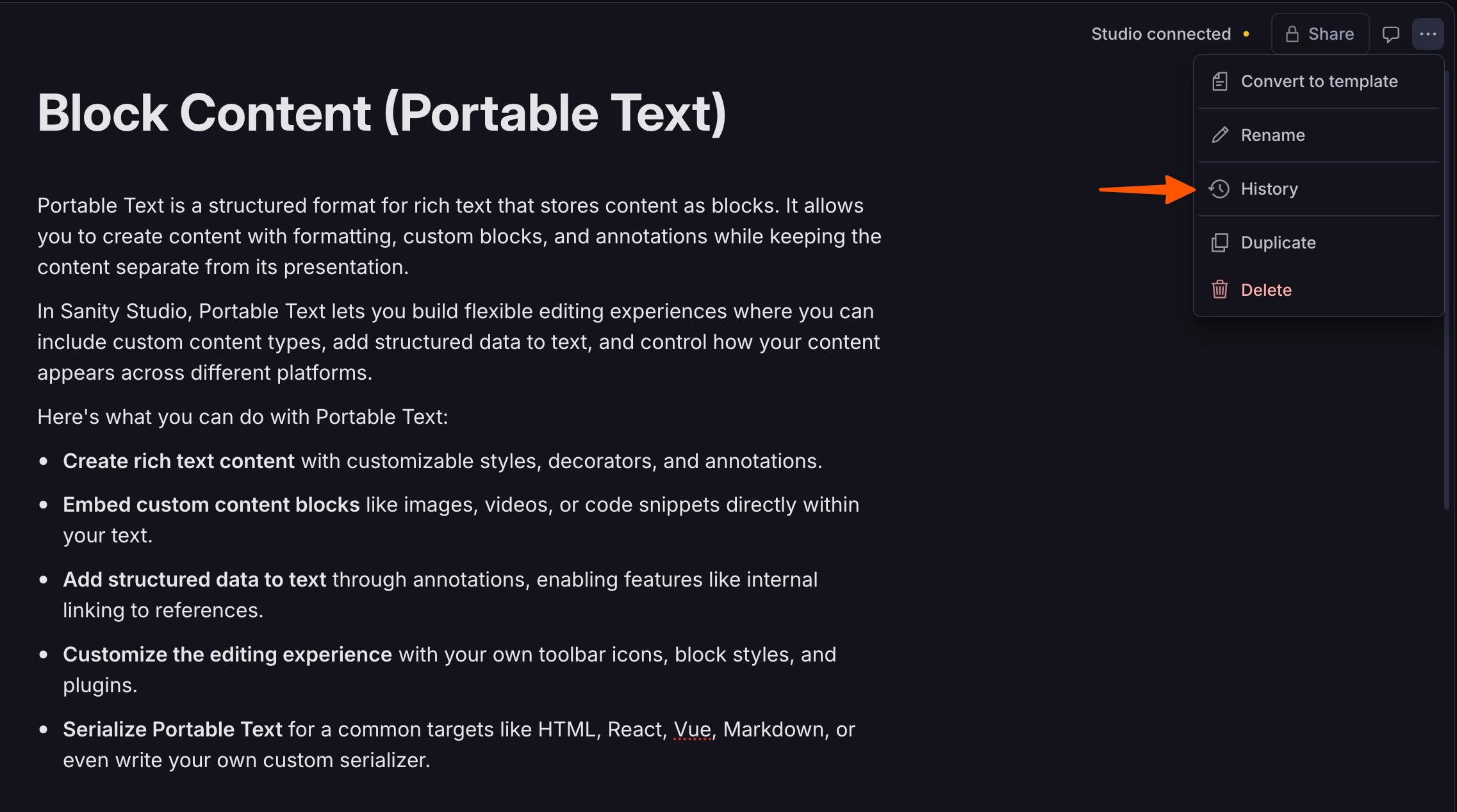 a screenshot of a page that says block content ( portable text )