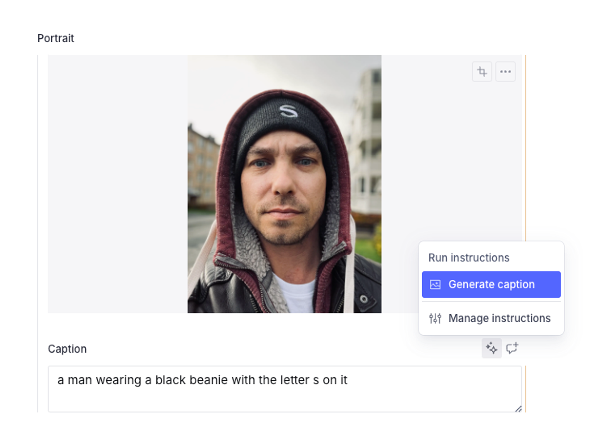 The AI assist interface with 'generate caption' selected.