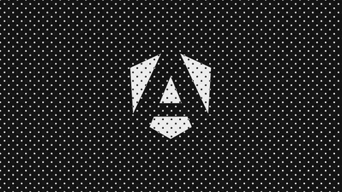 Angular logo with a black and white dotted pattern.