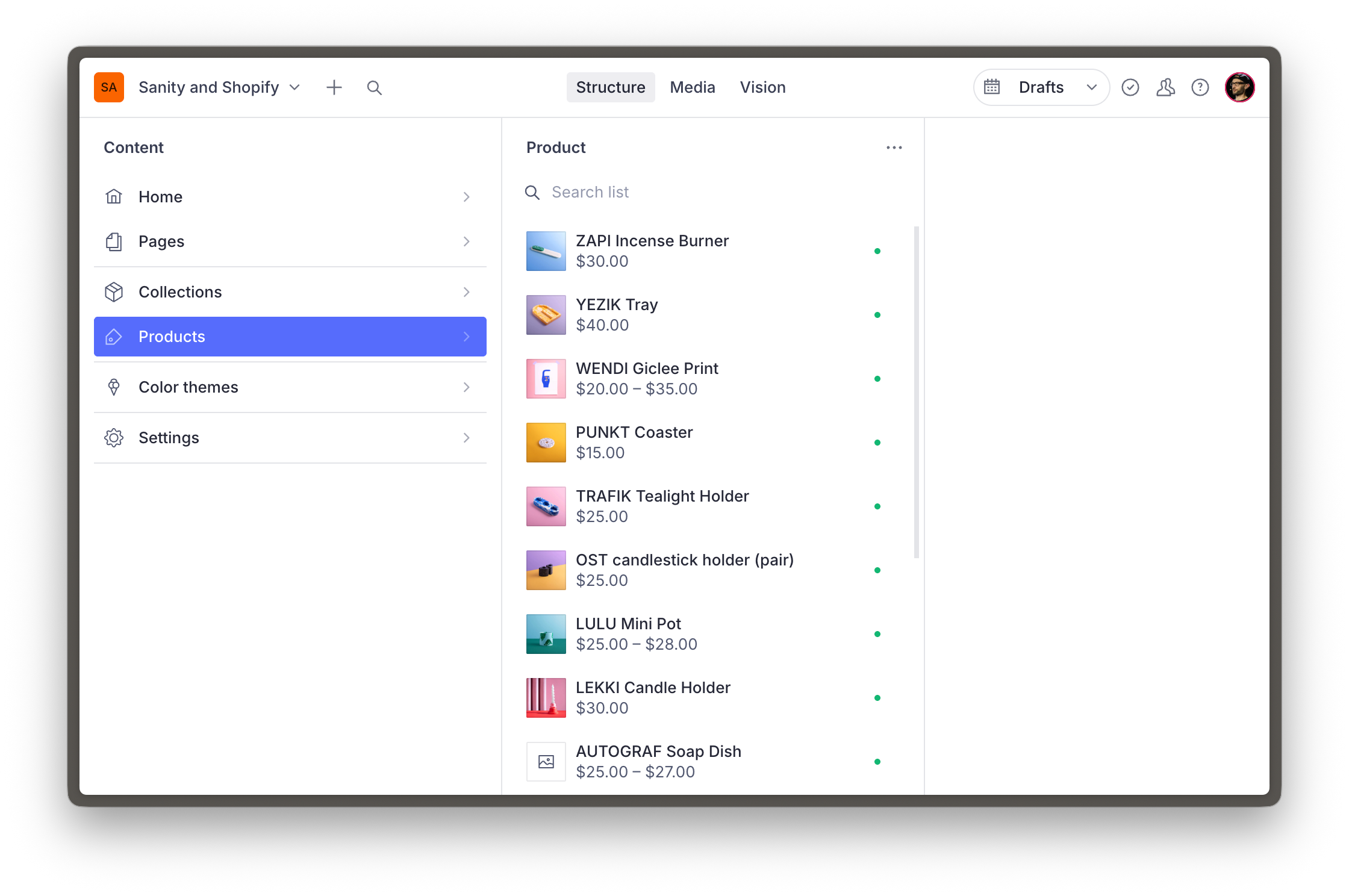 Sanity Studio showing product documents