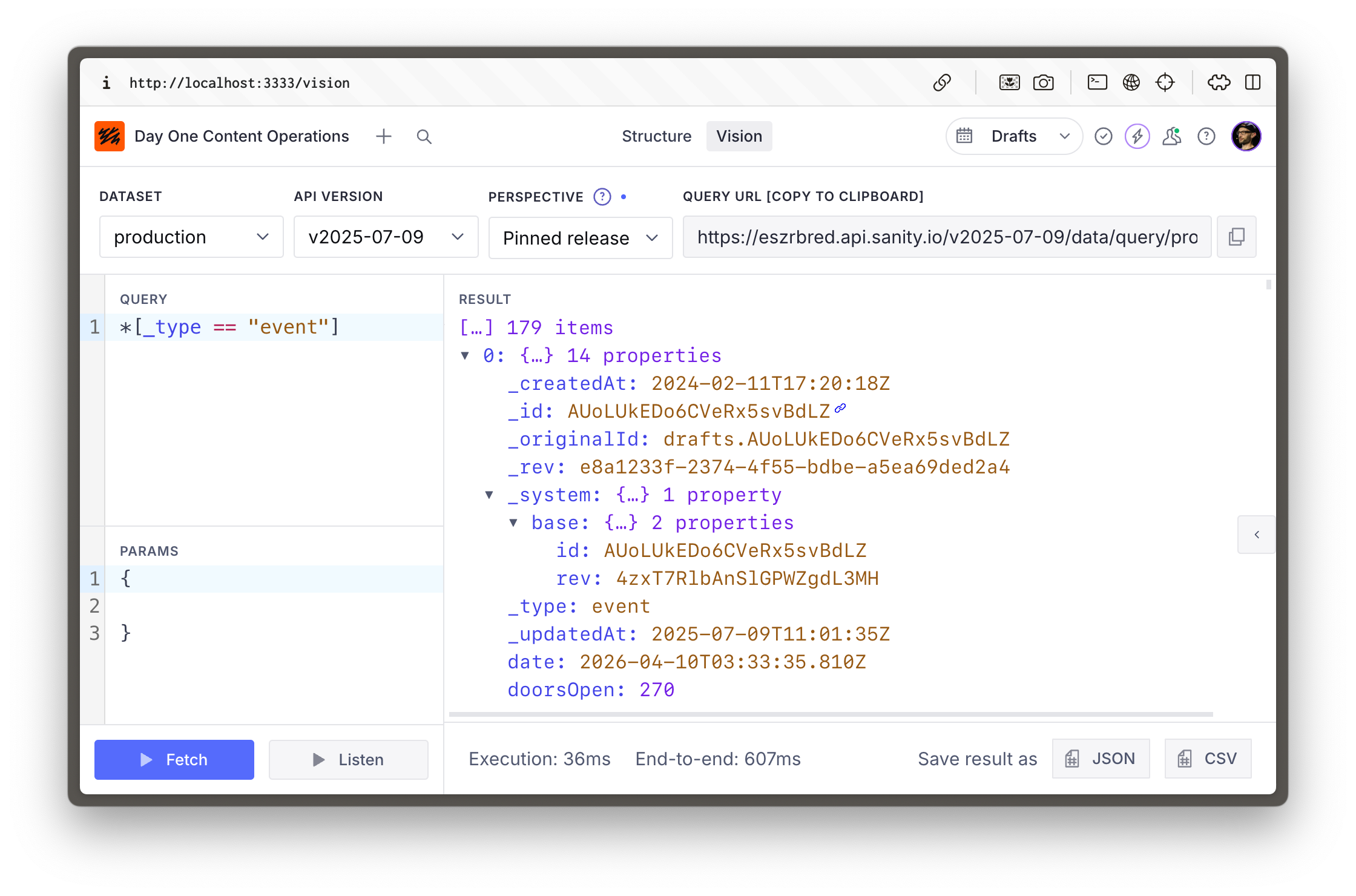 Sanity Studio Vision tool with a query for event documents
