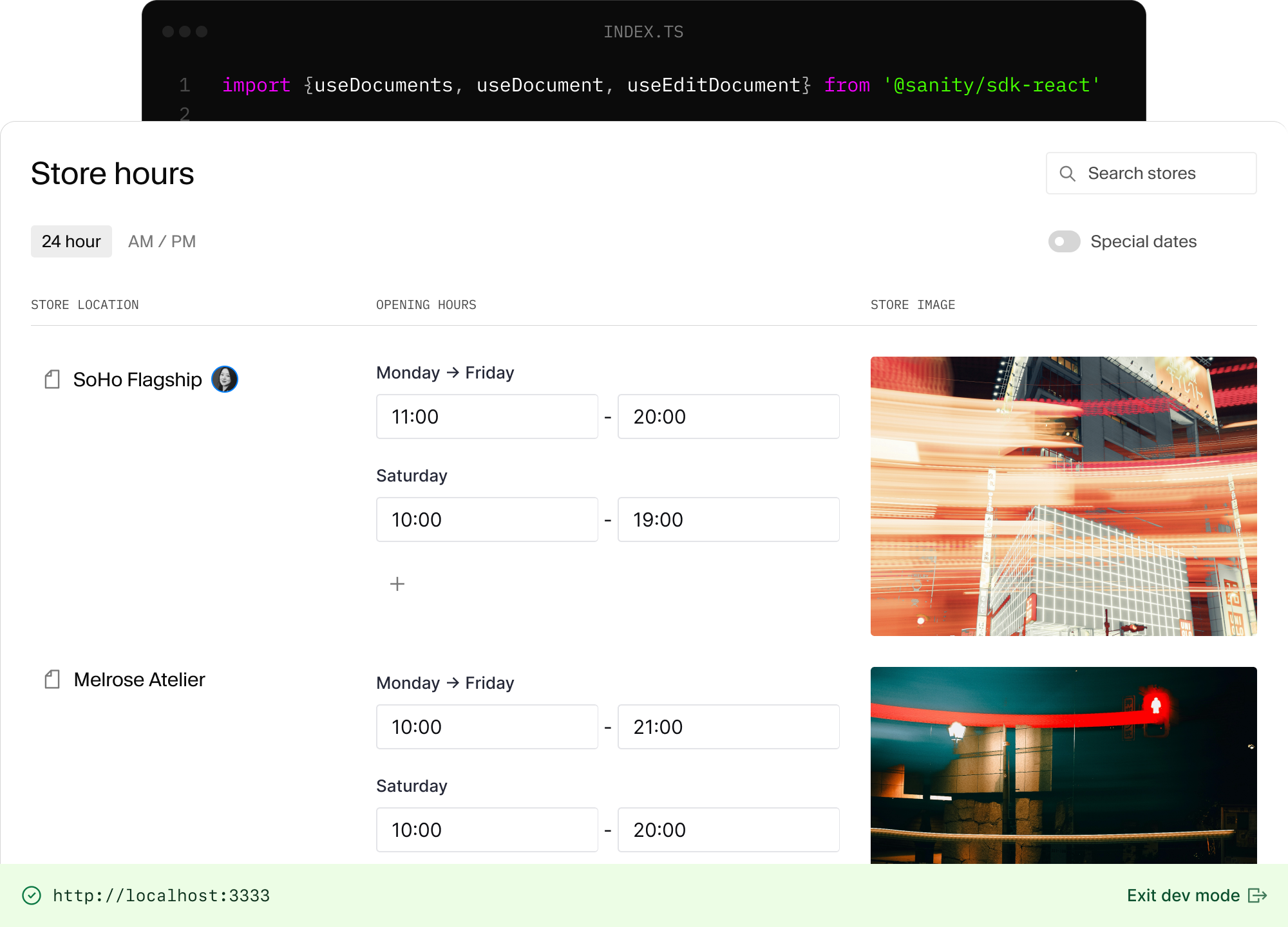 A split view showing TypeScript/React code next to a web interface for managing store hours, locations, and images.