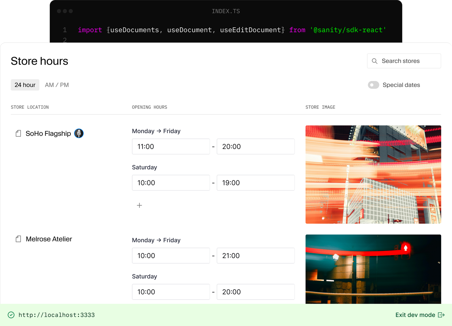 A split view showing TypeScript/React code next to a web interface for managing store hours, locations, and images.