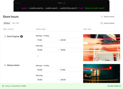 A split view showing TypeScript/React code next to a web interface for managing store hours, locations, and images.