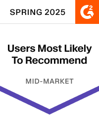 G2 badge: spring 2025 users most likely to recommend mid-market